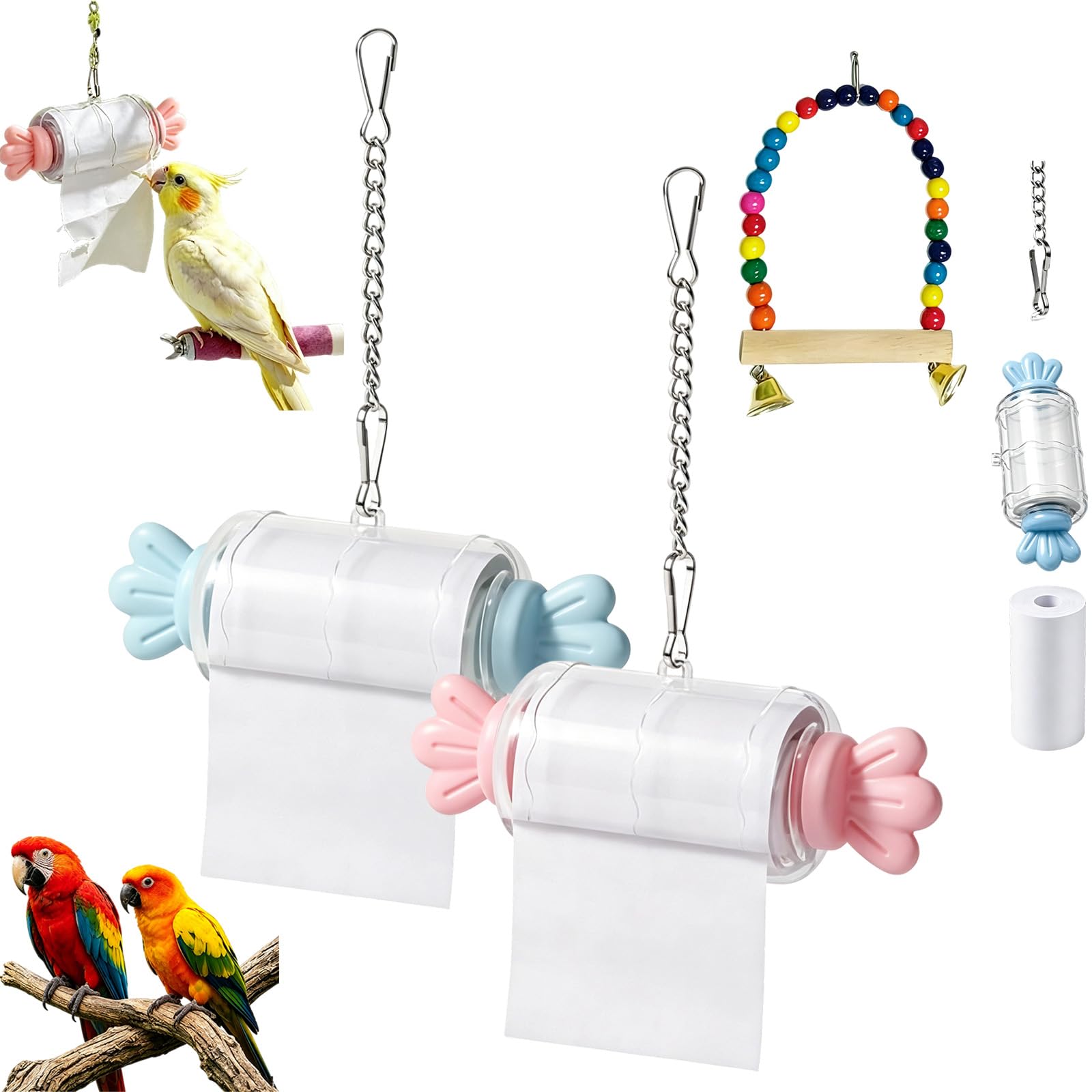 Parrot Rolling Paper Play Toy with Hanging Chain, Bird Foraging Roll Paper Holder, Bird Shredding Toys, for Cockatiels, Budgies, Conures, Parakeets, Lovebirds (2-b+p)