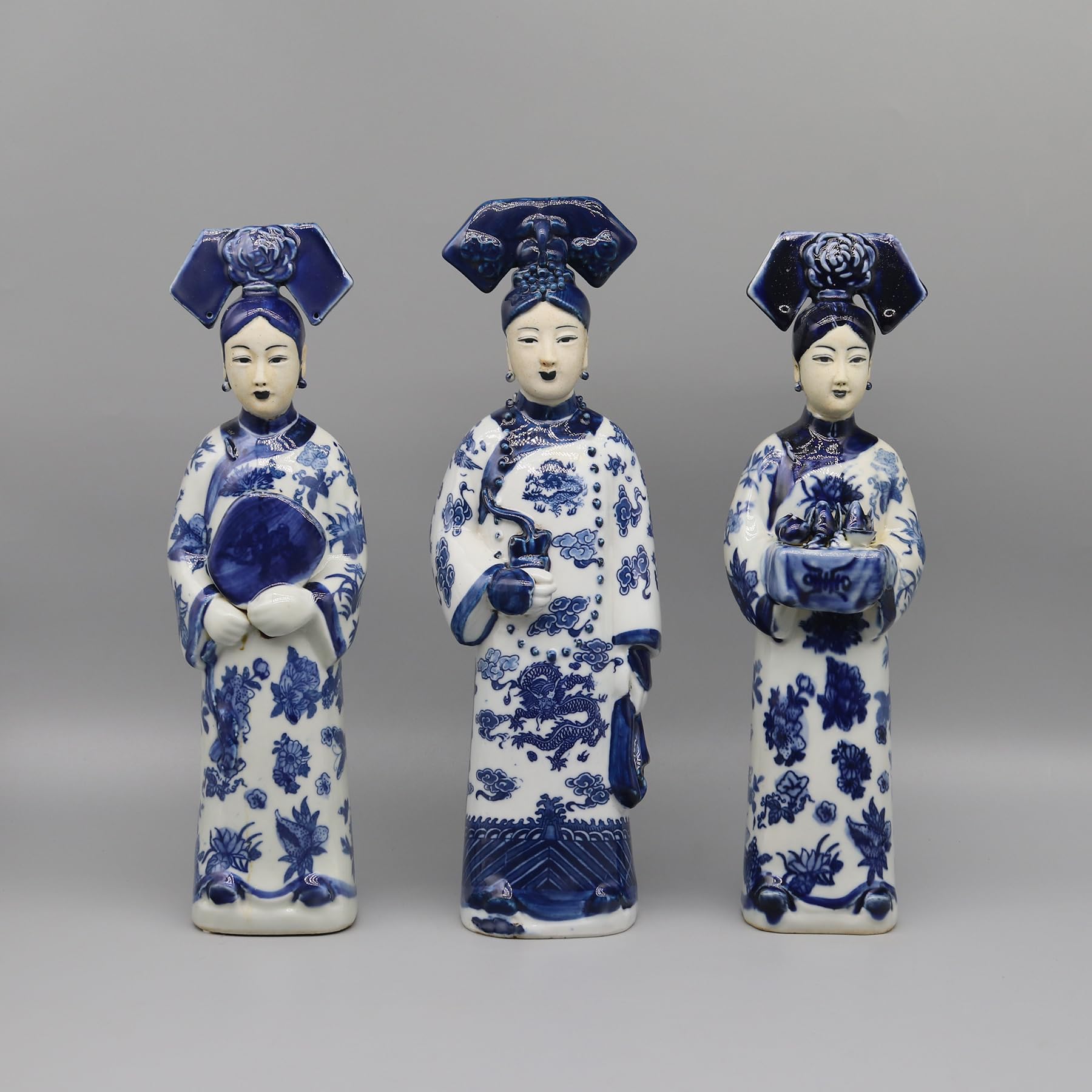 Eastern tide Blue and White Porcelain Figurine Set, Traditional Chinese Empress and Princesses Statues, Set of 3