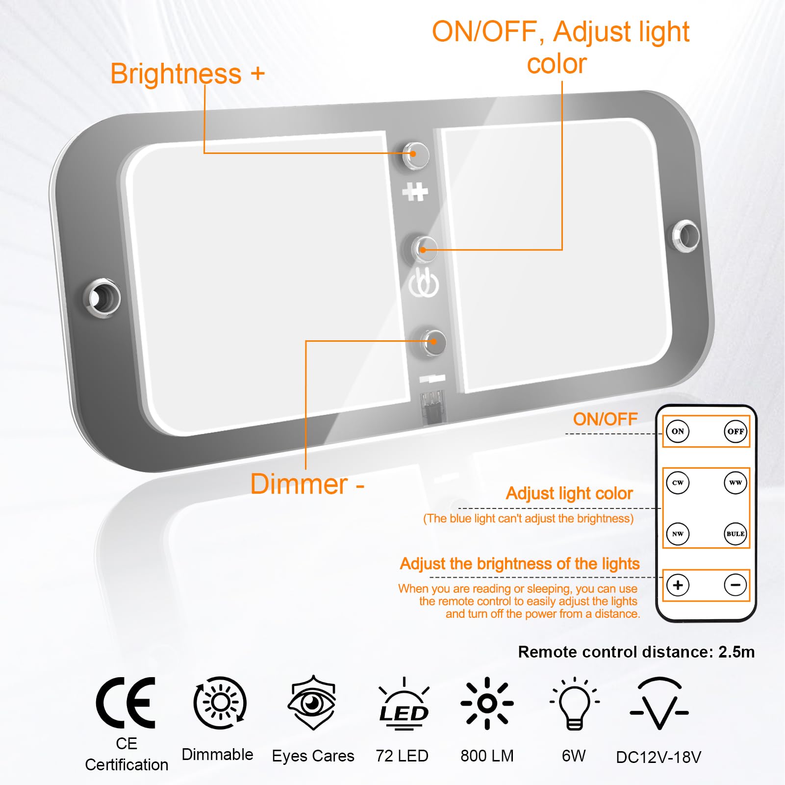 Lampa Sufitowa LED 12 V Do Kampera, Z Przełącznikiem/Pilotem, 4 Tryby, 3 Ustawienia, Oświetlenie Wewnętrzne, 72 Diody, 800 lm