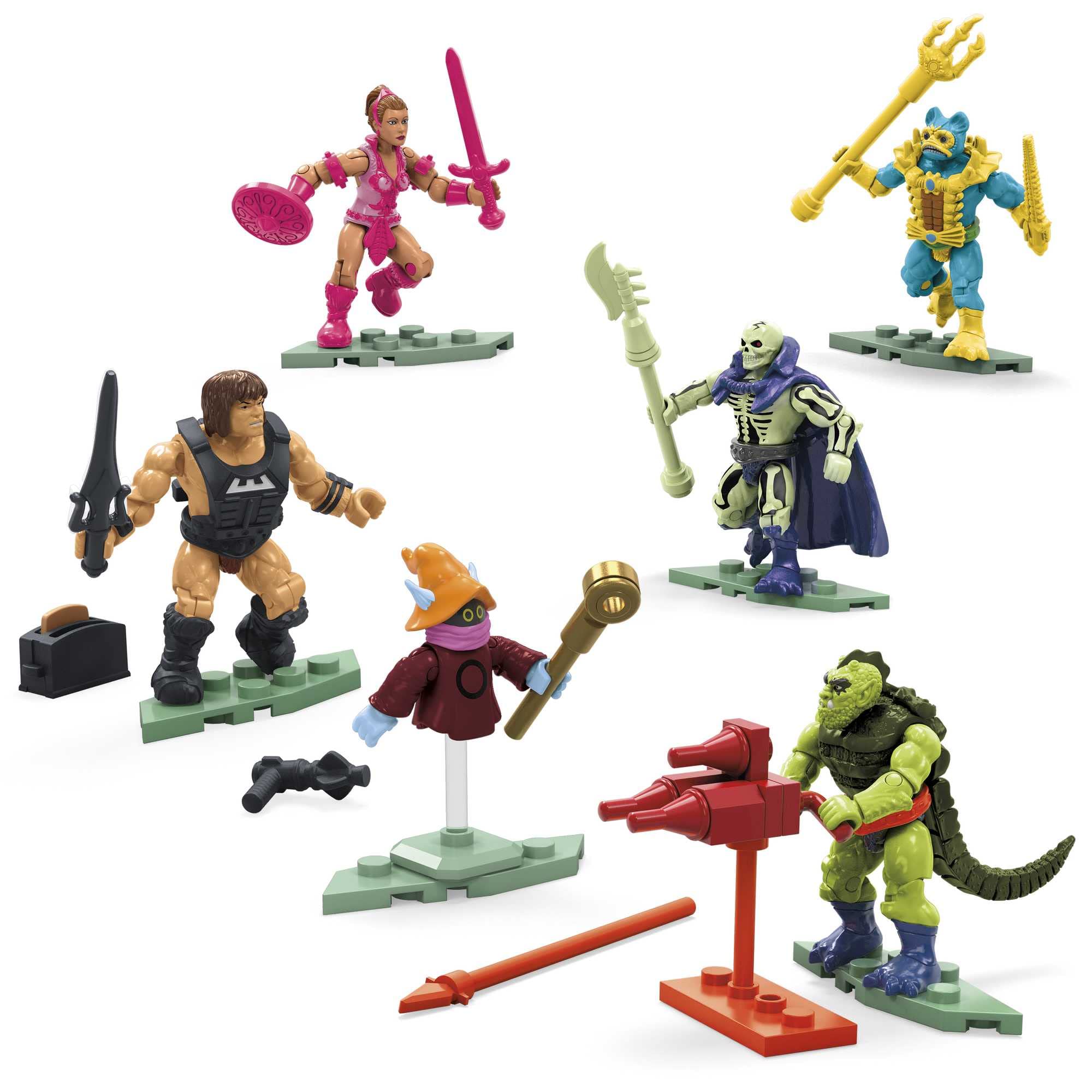 Mega Masters of the Universe - Kampf um Eternia Collection II, 6 detailgetreue Mikro-Aktionfiguren mit Laser und Zubehör, kompatibel mit Allen Bausteinsätzen, Motu, Spielzeug ab 8 Jahre, HHD15