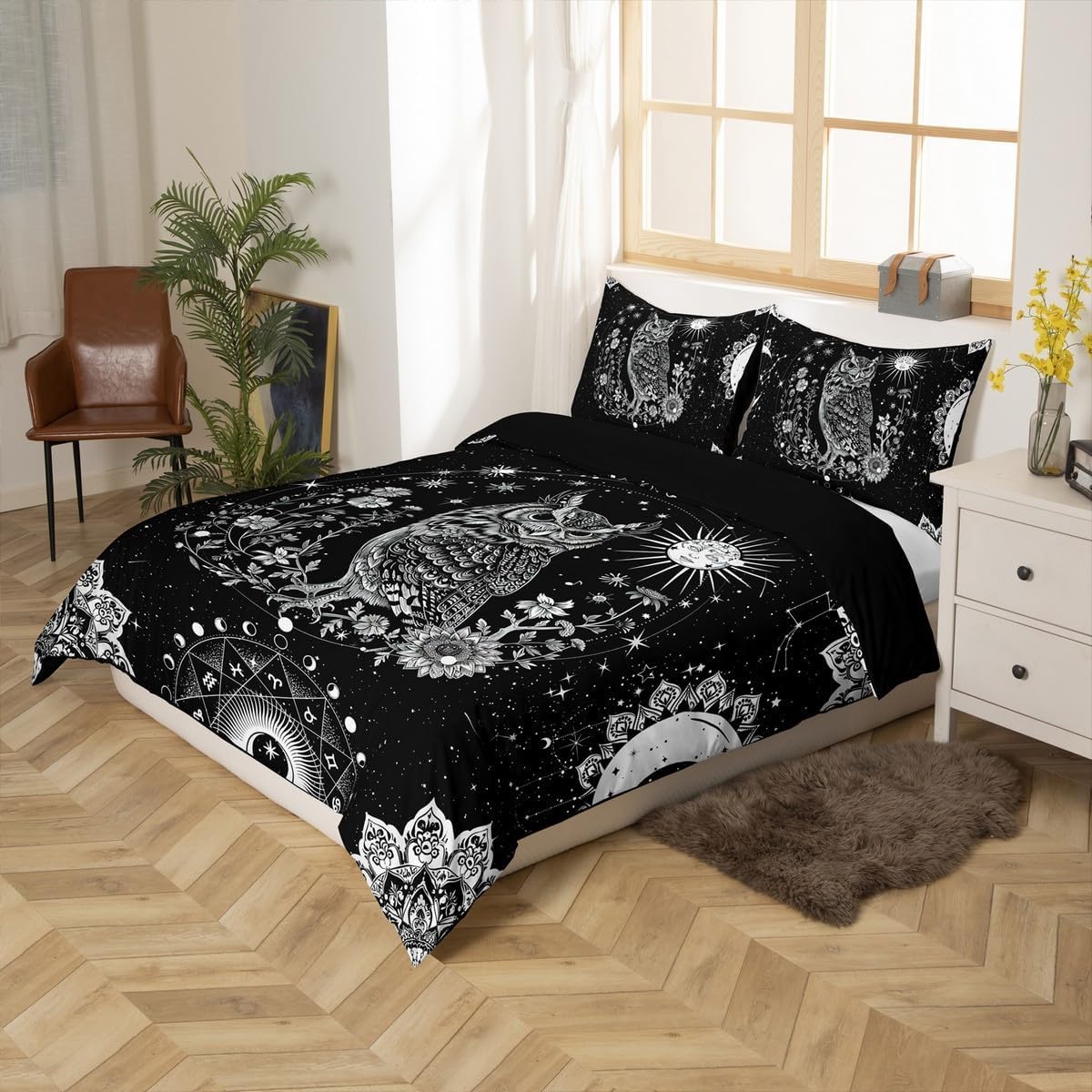 Loussiesd Sun Moon Owl Duvet Cover Double Size 3D Animal Printed Bedding Set Women Men Ultra Soft Bird Decor Comforter Cover Set Cartoon Owls Bedspread Cover Room Decor Bedclothes Zipper - Image 3
