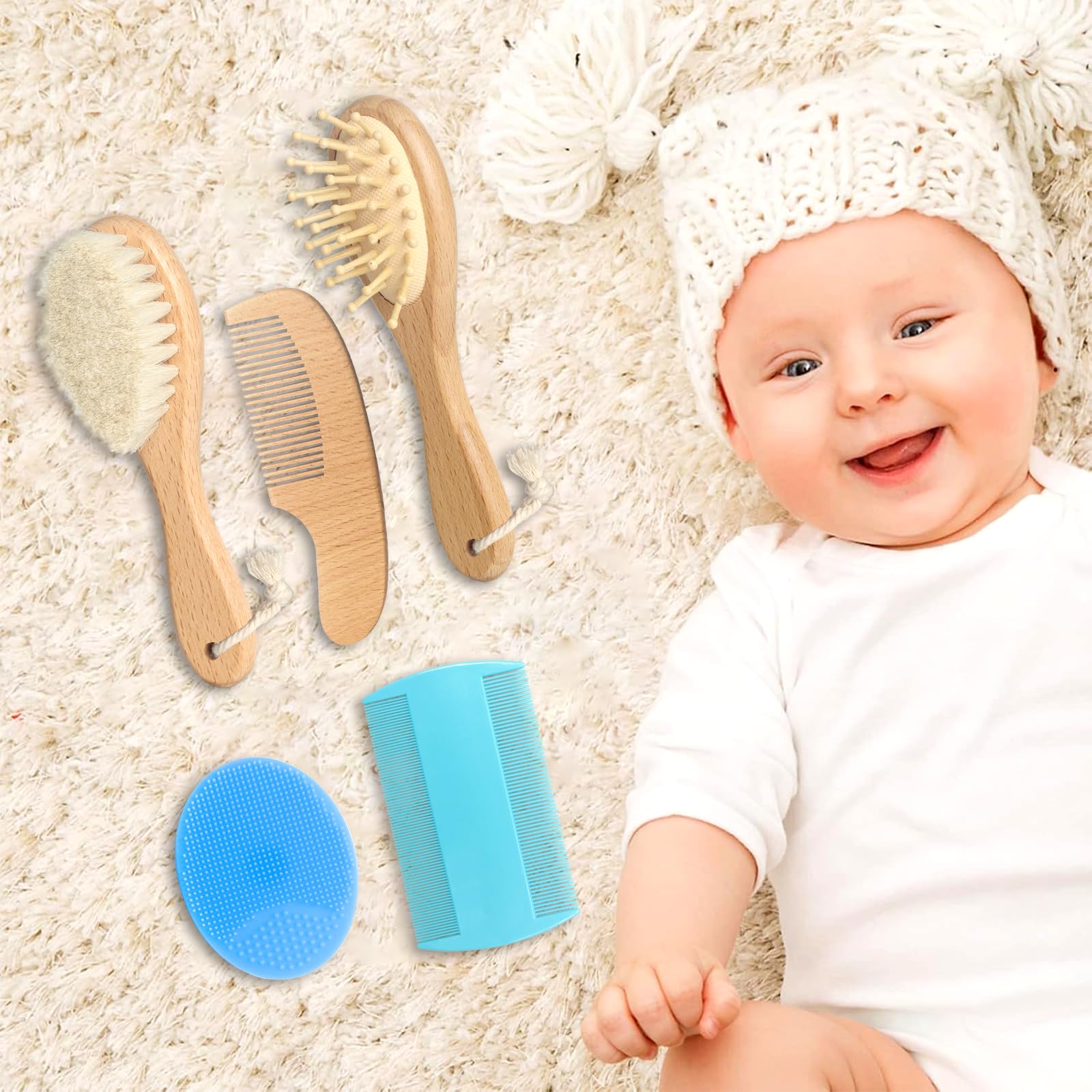 Juego de cepillo y peine para el pelo de bebé, 5 en 1, cerdas de cabra naturales de madera natural, peine de cuna, kit de aseo para recién nacidos, niños y niñas (azul)