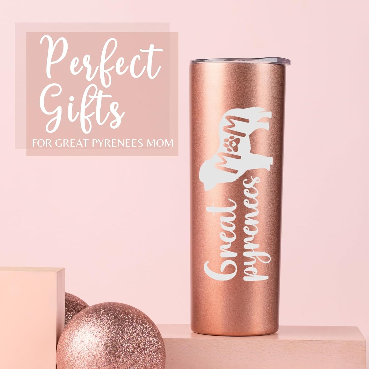 Onebttl Great Pyrenees Gifts for Women for Christmas, Birthday, Mother's Day, 20 oz Stainless Steel Insulated Skinny Tumbler Travel Coffee Mug - Great Pyrenees Mom (Rosegold) - Image 2
