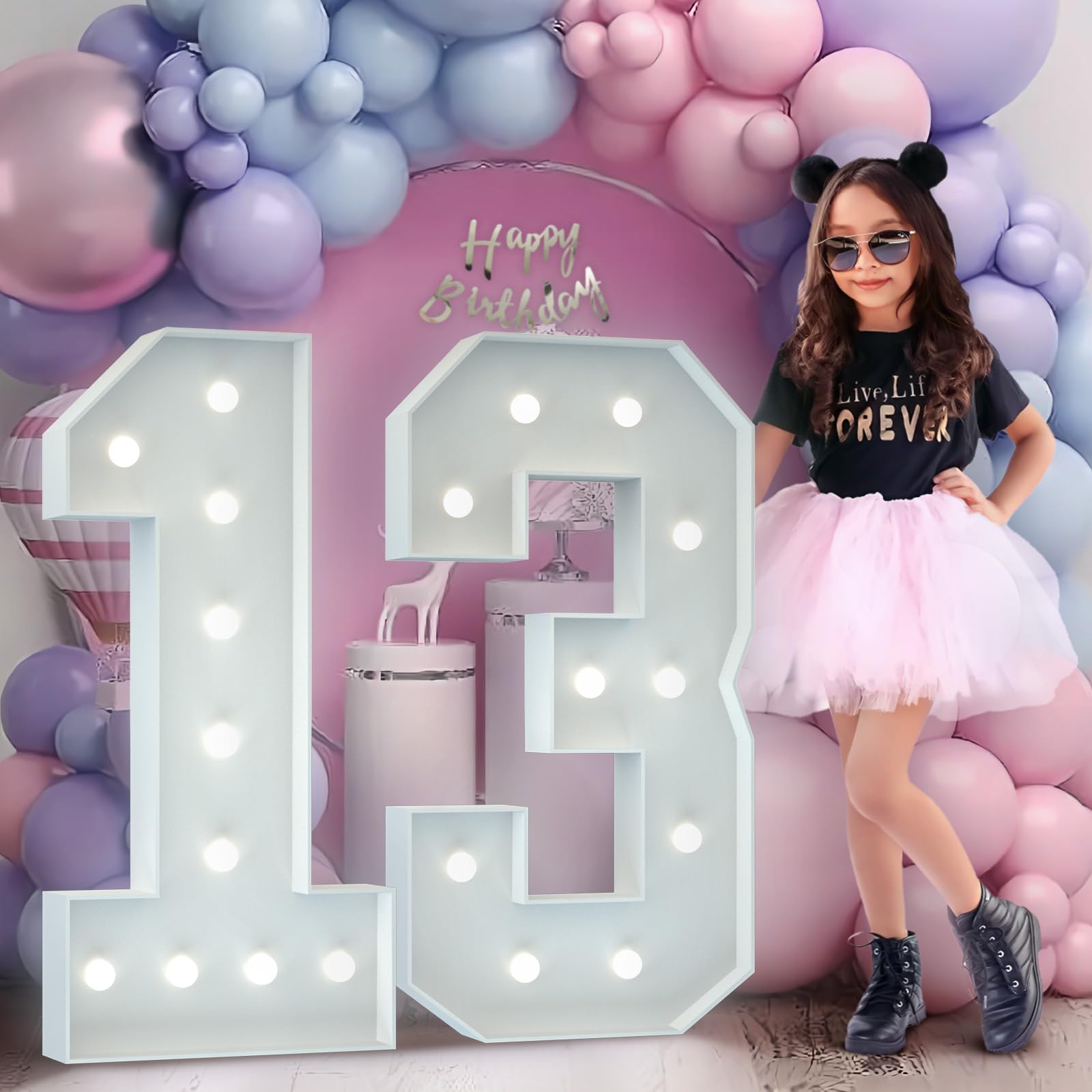 13th Birthday Decorations 4FT Large Light Up Numbers Big Marquee Number for 13th Birthday Anniversary Party Decor Light Up Cardboard Mosaic Arch Stand Pre-cut Foam