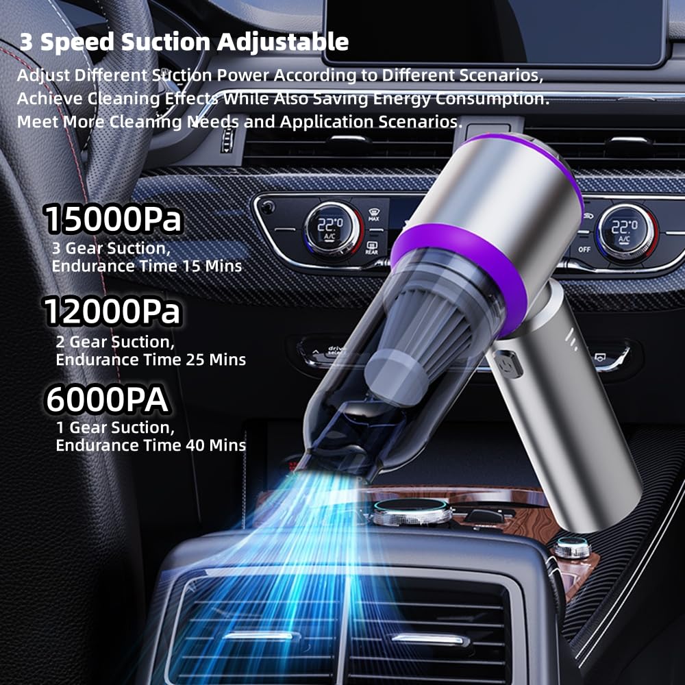 Aspirapolvere Portatile Senza Fili con Motore brushless ad Alta velocità da 80000 Giri/min, soffiatore e Pompa per Auto da 15000pa 3 in 1, 3 velocità Regolabili, Mini soffiatore PE