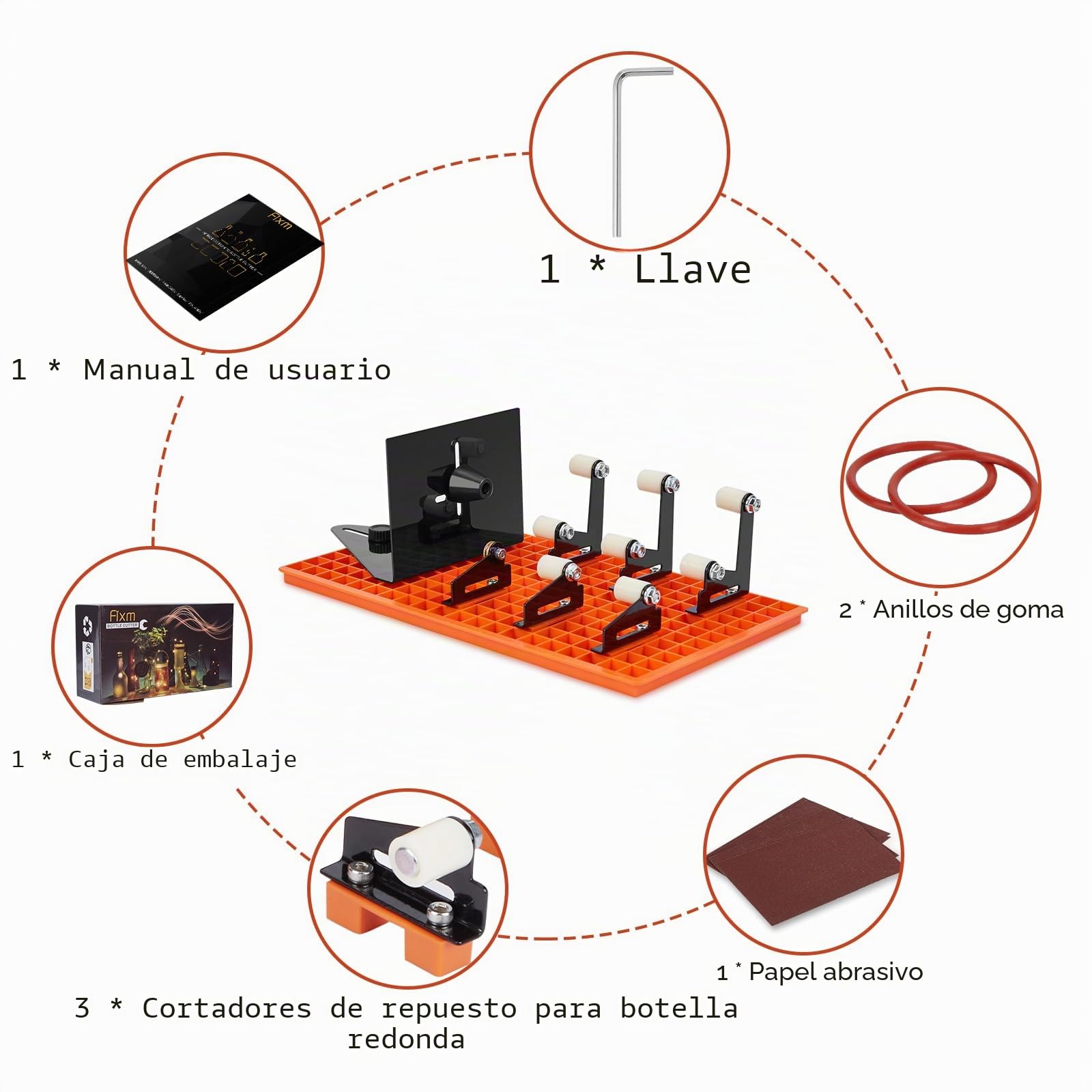 Cortador de Botellas de Vidrio Fixm, Cortador de Botellas para Cortar Botellas Redondas, Cuadradas y Cuellos de Botella, para Botellas de Vino, Cerveza, Whisky, Champán, Agua y Refrescos (naranja) | vidrio, corte de bricolaje, botellas cuadradas/redondas,