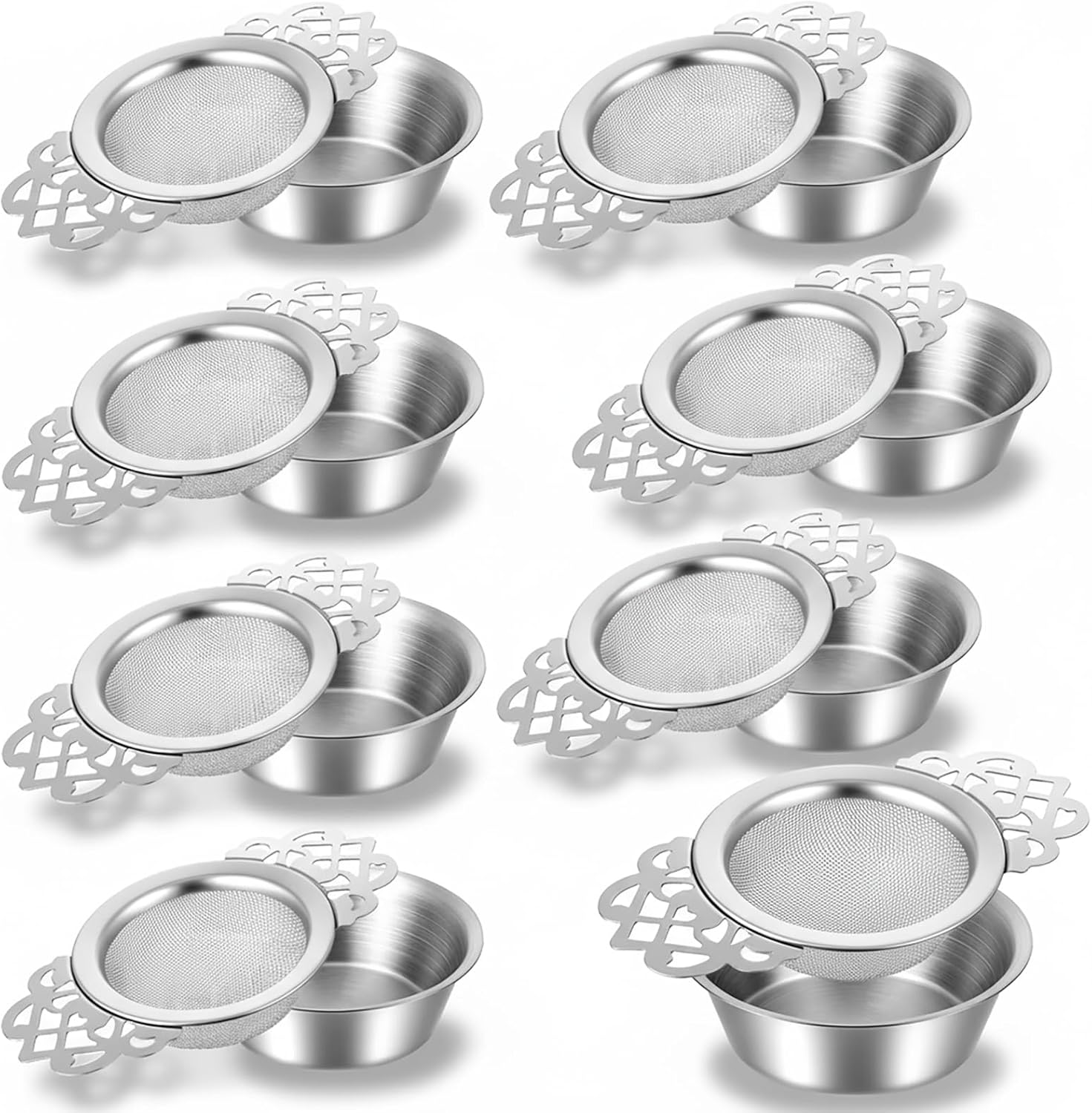 8 Pack Mesh Tea Filter Strainers, Stainless Metal Tea Infuser, Teas Steeper with Handle and Drip Bowl for Loose Teas, Sliver, 2.5 Inch