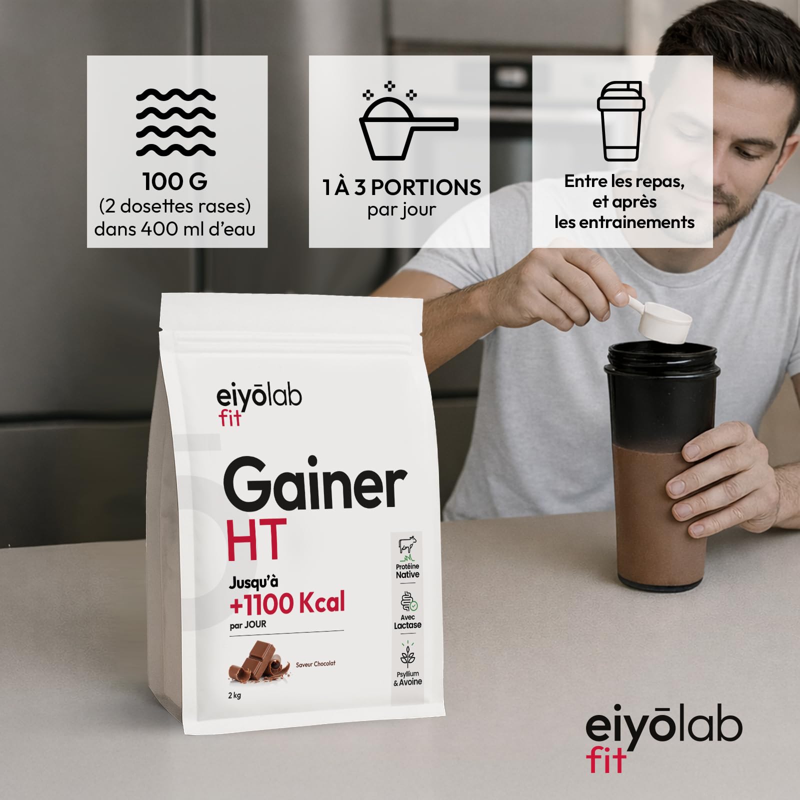 GAINER HT | 2 Sources de Protéines Natives + 2 Sources de Glucides + MCT | Gainer Prise de Masse Musculation | Whey + Caséine + Maltodextrine + Psyllium | Boisson Shaker Goût Chocolat | 2 kg | Eiyolab