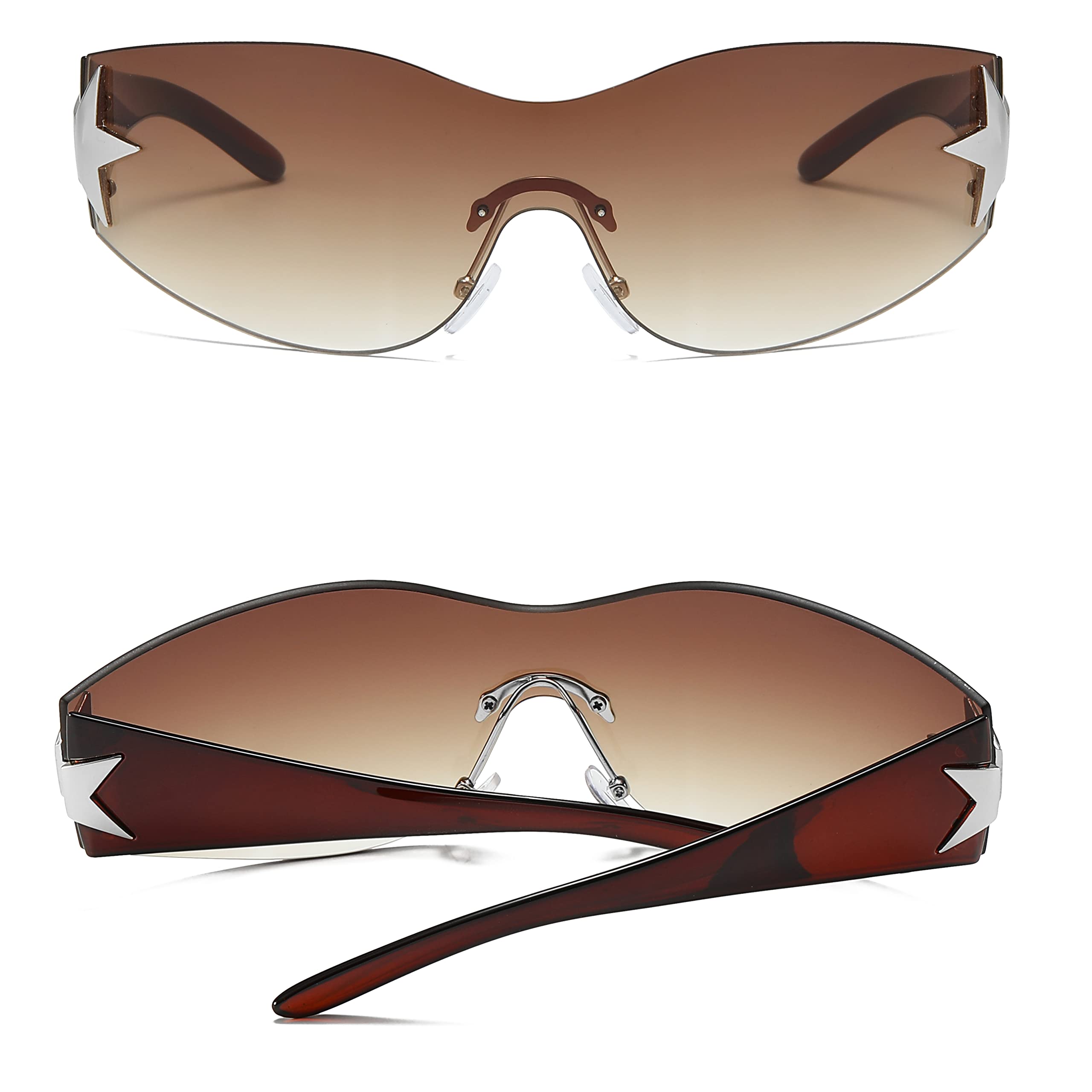 Y2K - Lentes de sol para mujeres y hombres, diseño de moda de los años 2000, lentes envolventes Y2K, sin marco, lentes de una pieza de gran tamaño, Gafas de sol marrón degradado 2