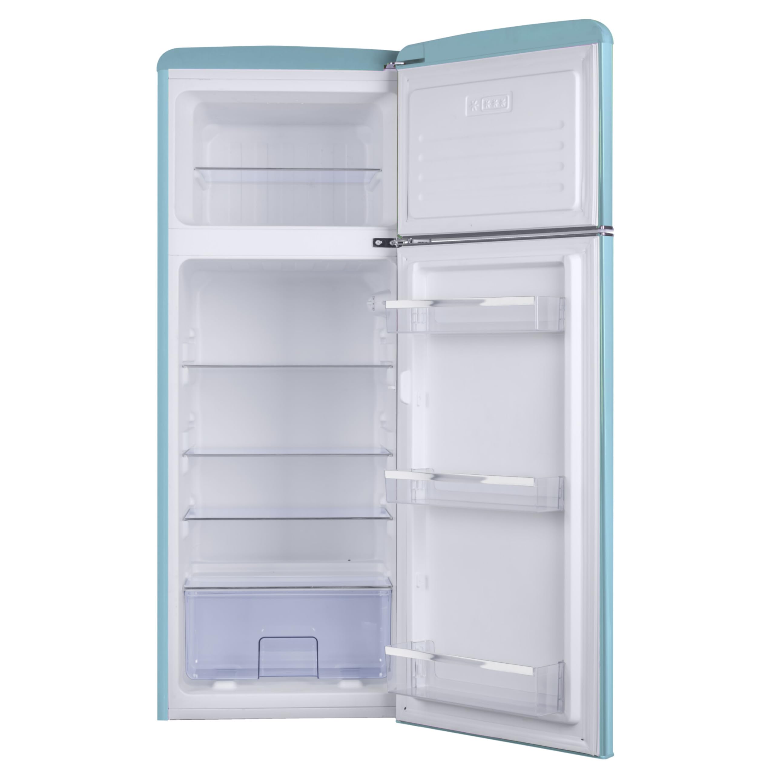 Amica KGC 15632 T Retro Kühl-/Gefrierkombination / Ice Blue (Türkis) / 144cm (H) x 55cm (B) x 62cm (T) / Retro-Design / Kühlschrank mit Gefrierfach