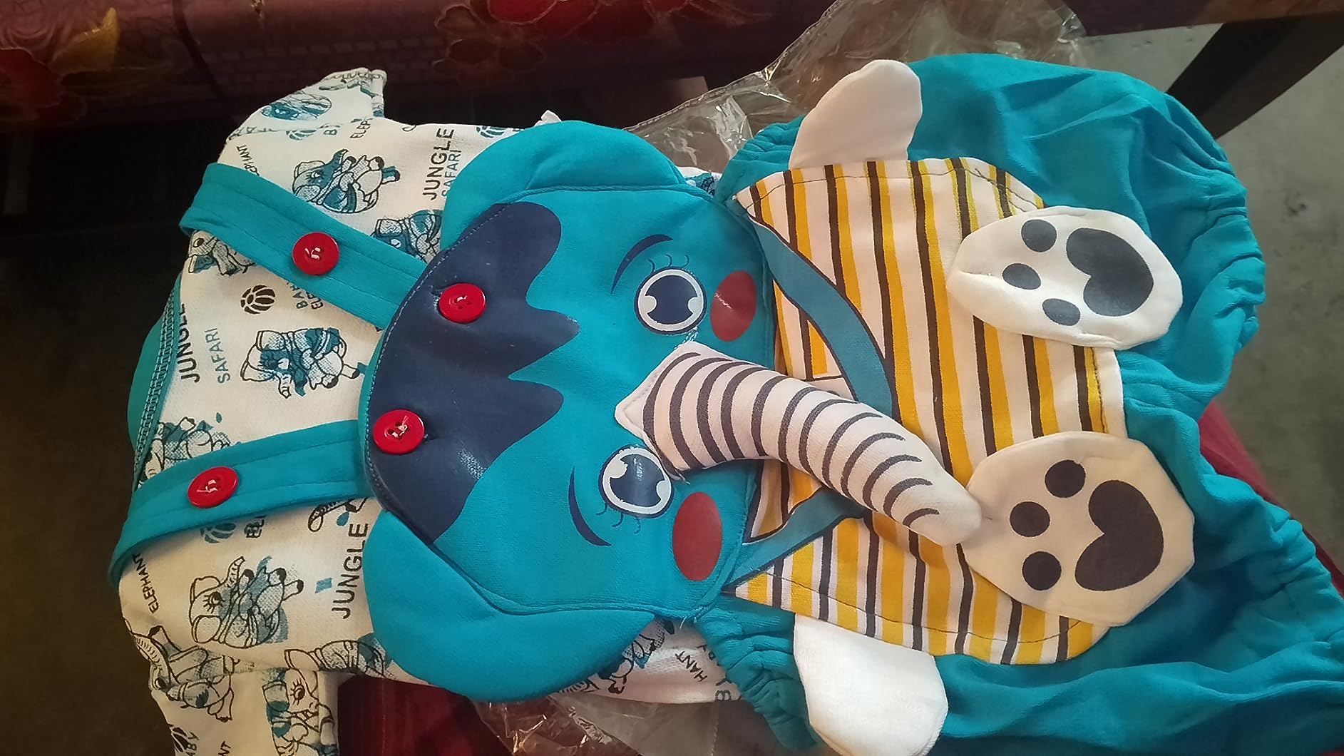Babyhug 100% Cotton Knit Elephant Print Dungaree with Full Sleeves Stripe Inner Tee - Multicolour