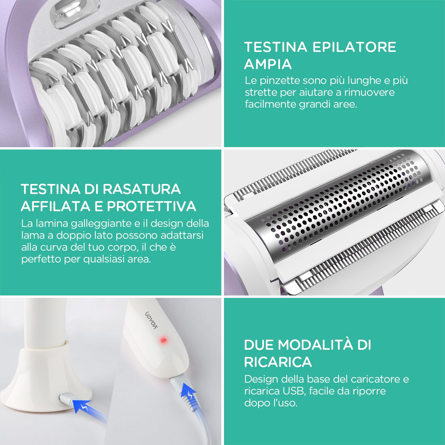 VOYOR Depilatore Donna, 3 in 1 Epilatore Elettrico Donna per Braccia Gambe, Rasoio Elettrico Donna, Epilatore Impermeabile & Ricaricabile, Coperto 30 Pinzette BM300 (Viola)