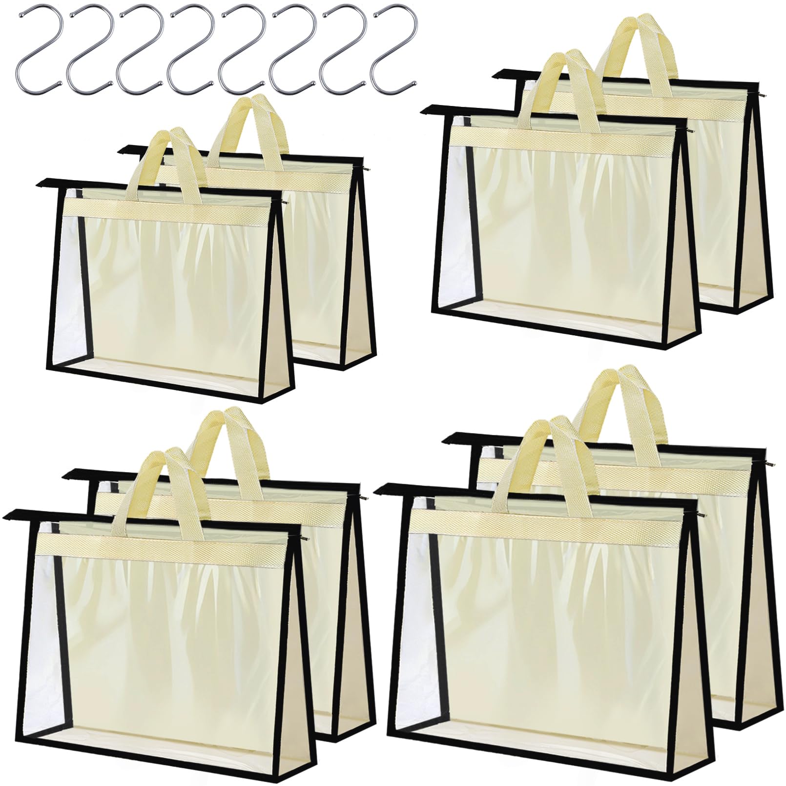 8 Pack Dust Bags for Handbags, Purse Storage Organizer for Closet, Clear Handbag Storage Organizer, Hanging Dust Cover Bag with Zipper and Handle with 8 S-Hooks(4 Assorted Sizes, Beige)