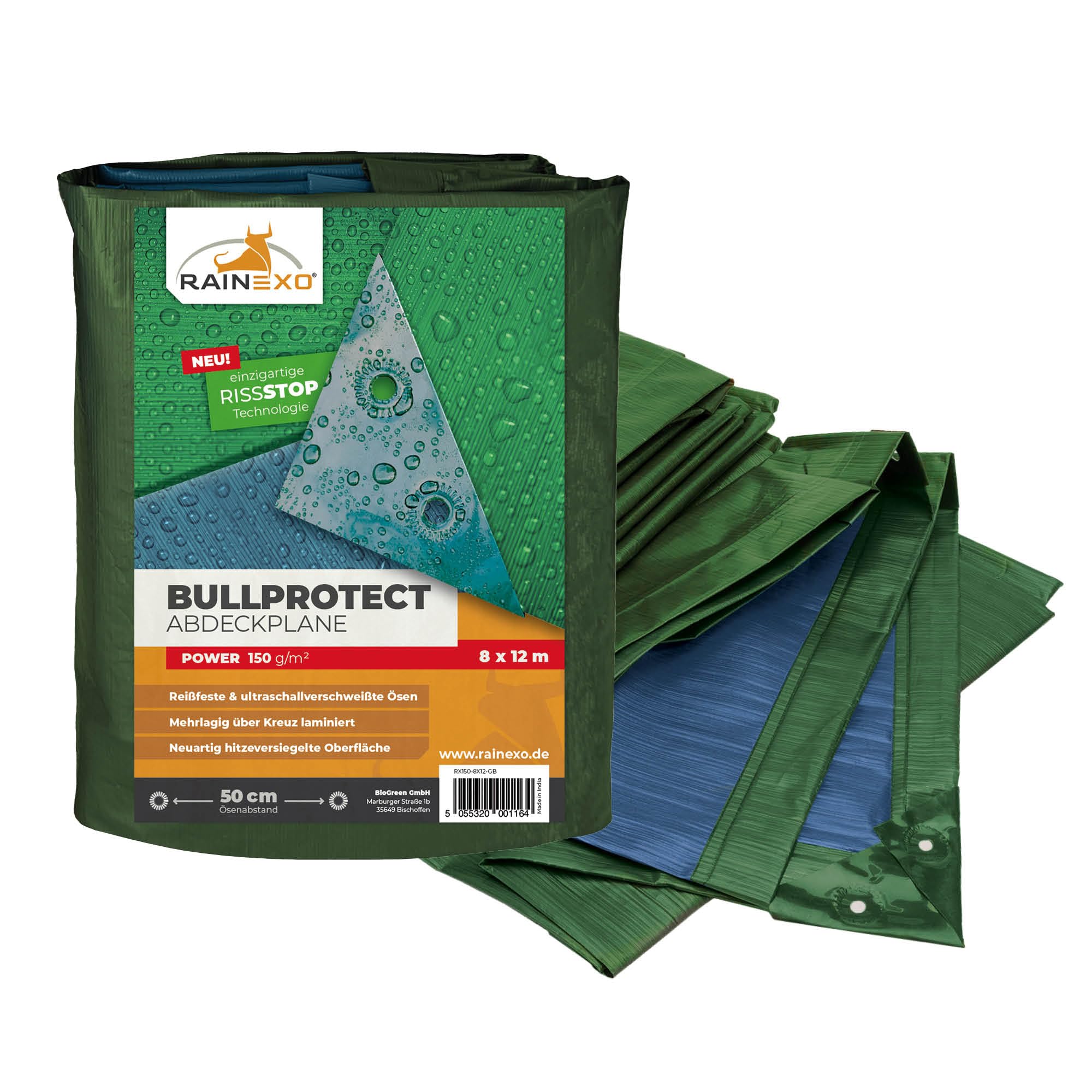 Rainexo Abdeckplane Extrem Stark 8x12 m, 150g/m², Grün/Blau, 3-lagig Kreuzlaminiert, 100% Wasserdicht, UV-Beständig, Reißfest, Mit Verstärkten Ösen
