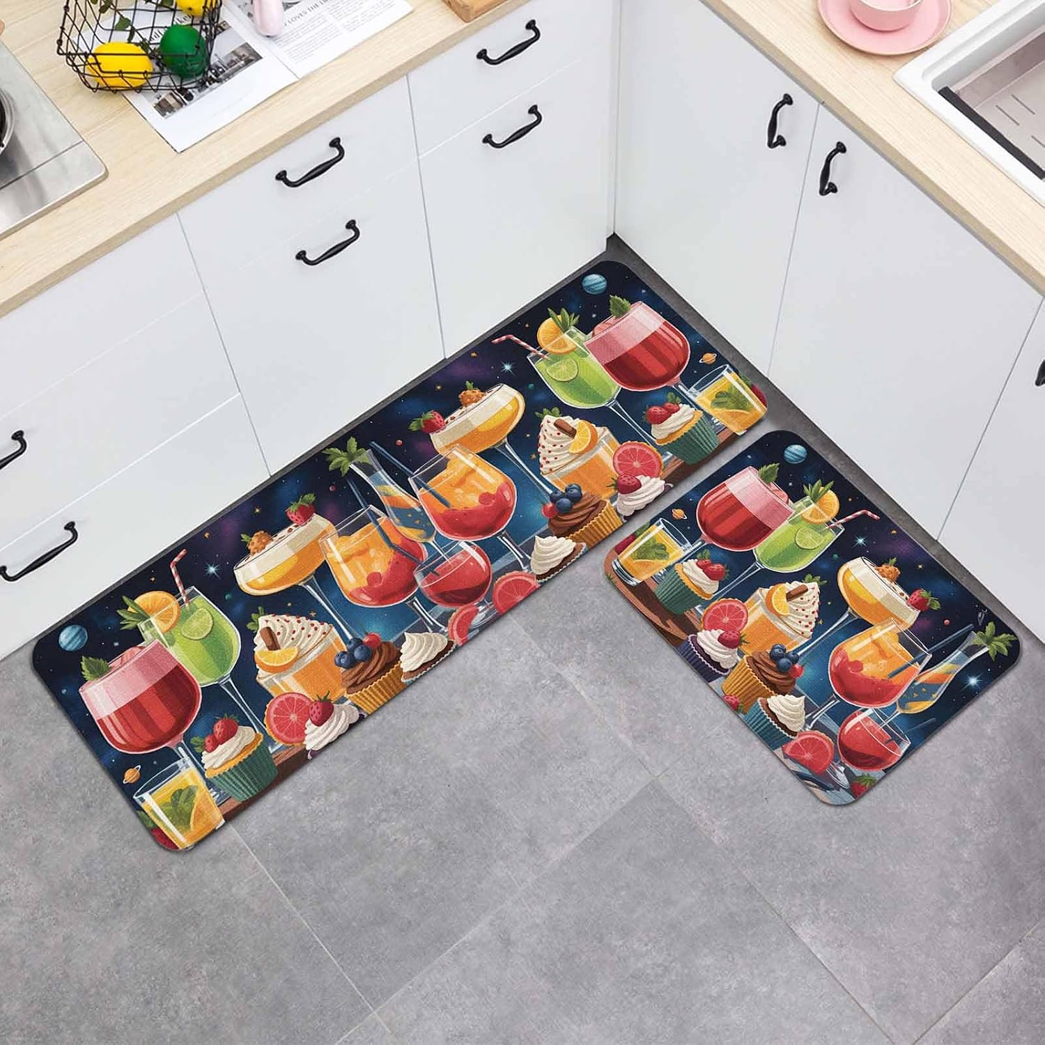 Dessert Cocktails Kitchen Mat Set 2 Pieces Strawberry Blueberry Abstract Starry Sky Modern Non Slip Kitchen Rugs Washable Runner Rug Mats for Floor Sink Laundry Office 15.7" x 23.6"+15.7" x 47.2"