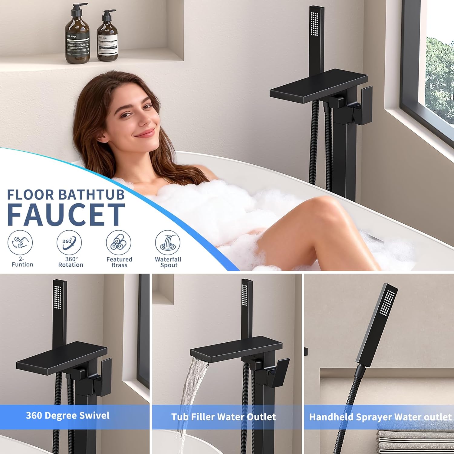 Freestanding Bathtub Faucet with Handheld Spray Single,High Flow Waterfall Bath Shower Faucet,Floor Mount Bathtub Faucet Swivel Flat Waterfall Spout Matte Black