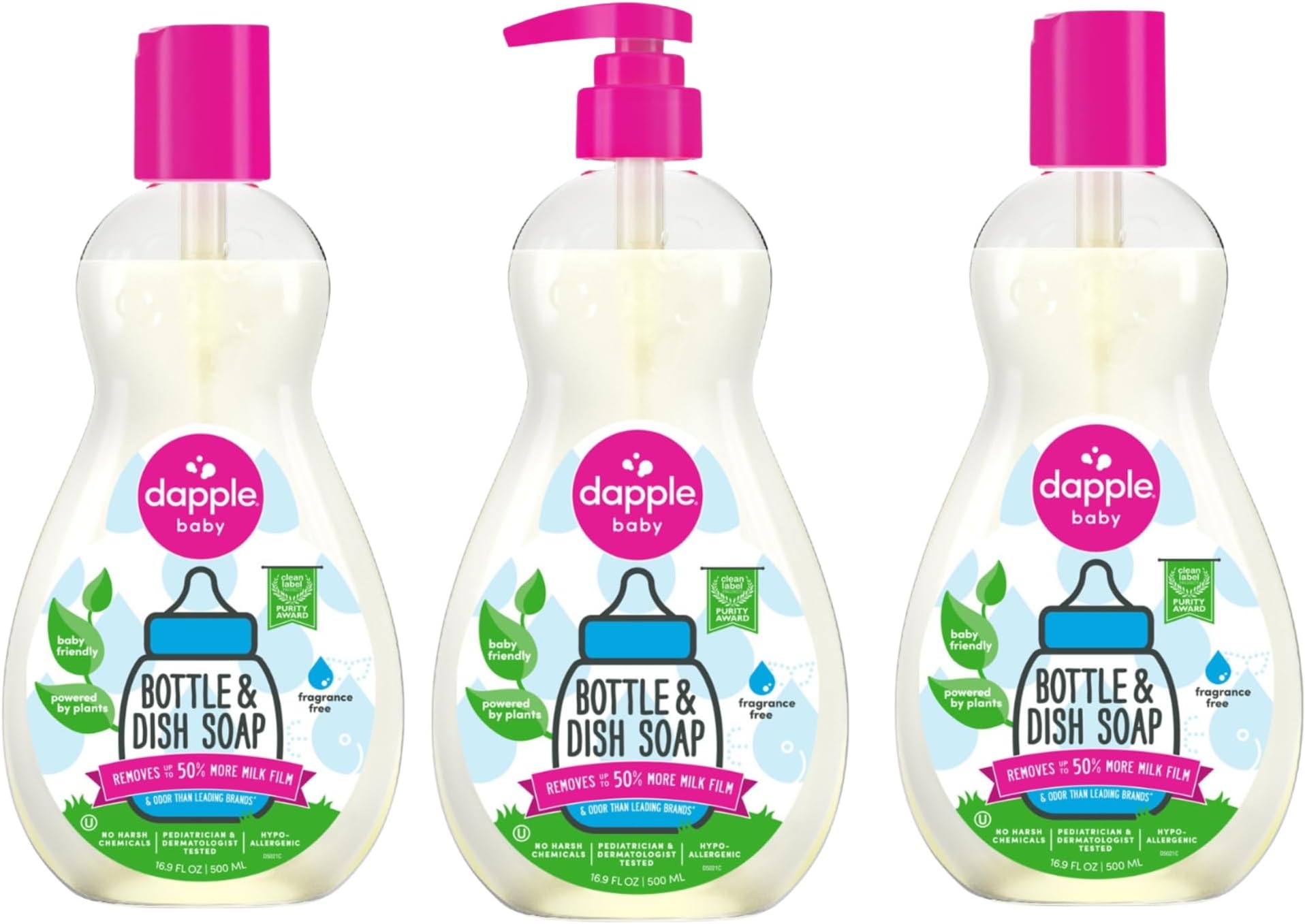 Dapple Baby Bottle Soap, Hypoallergenic Dish Soap for Baby Bottles, Powered by Plants, 1 Pump Included, Packaging May Vary, Fragrance Free, 16.9 Fl Oz (Pack of 3)