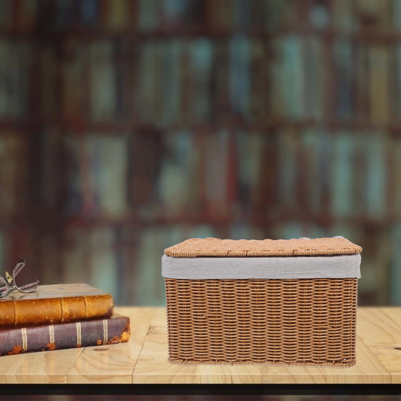 Cesta Grande de Mimbre con Tapa y Forro, Cesta de Almacenamiento Rectangular con Asas Dobles para Ropa, Libros y Organización en Hogar, Cocina y Baño (36x26x21 Cm)