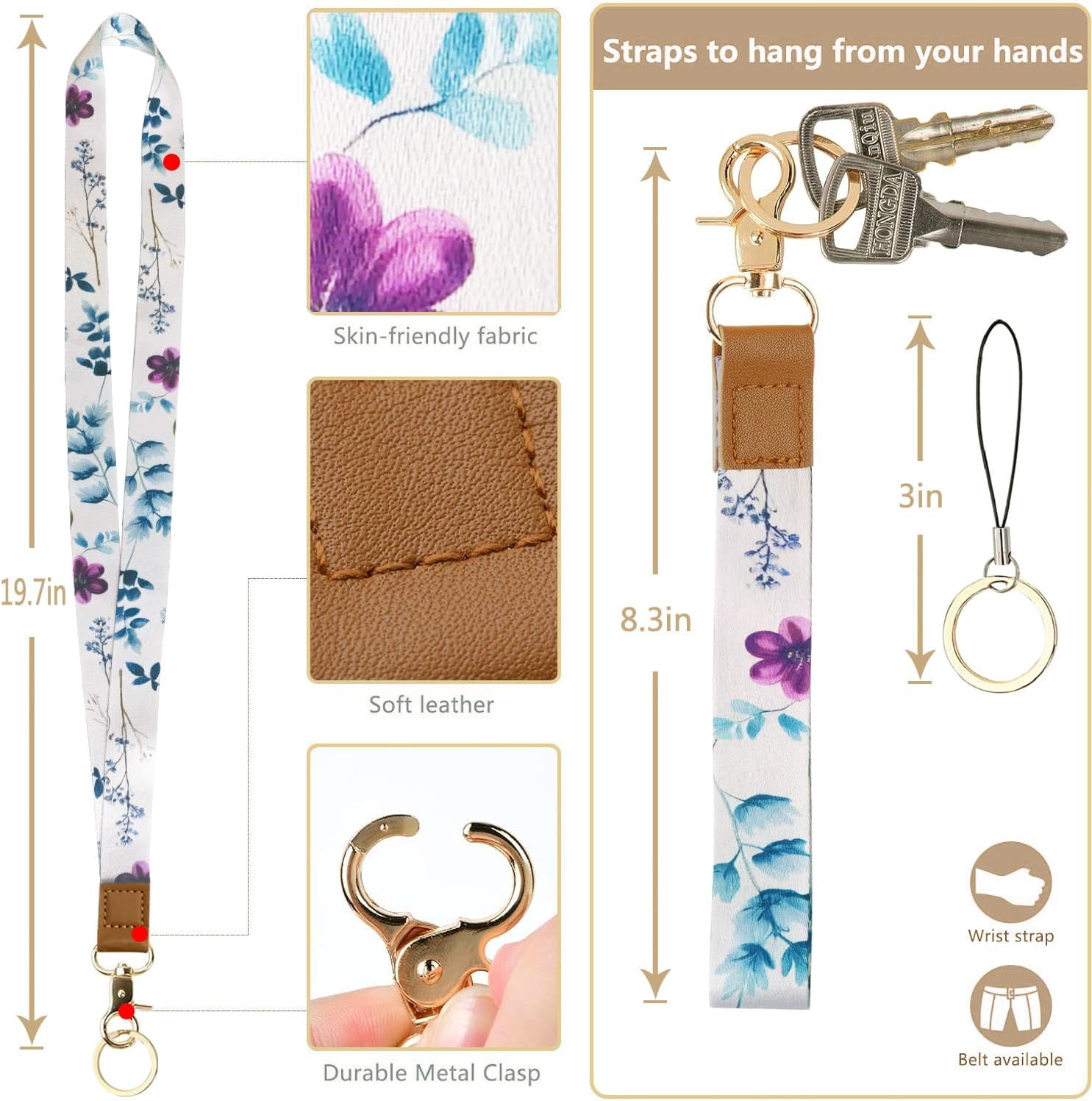 bolimoss 2-in-1 ID Badge Holder & Lanyard Wallet for Womens Cute Floral Zipper Wallet with Removable Wrist & Neck Lanyard, Clear Window, 5 Card Slots, Ring Keychain for Worker Teacher Nurse Couriers - Image 6