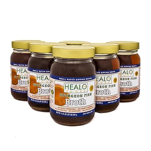 Healo Foods Caldo de pescado de esturión - Proteína, vitamina B12, ácidos grasos Omega 3 y otros nutrientes esenciales, sin gluten, caldo de pescado