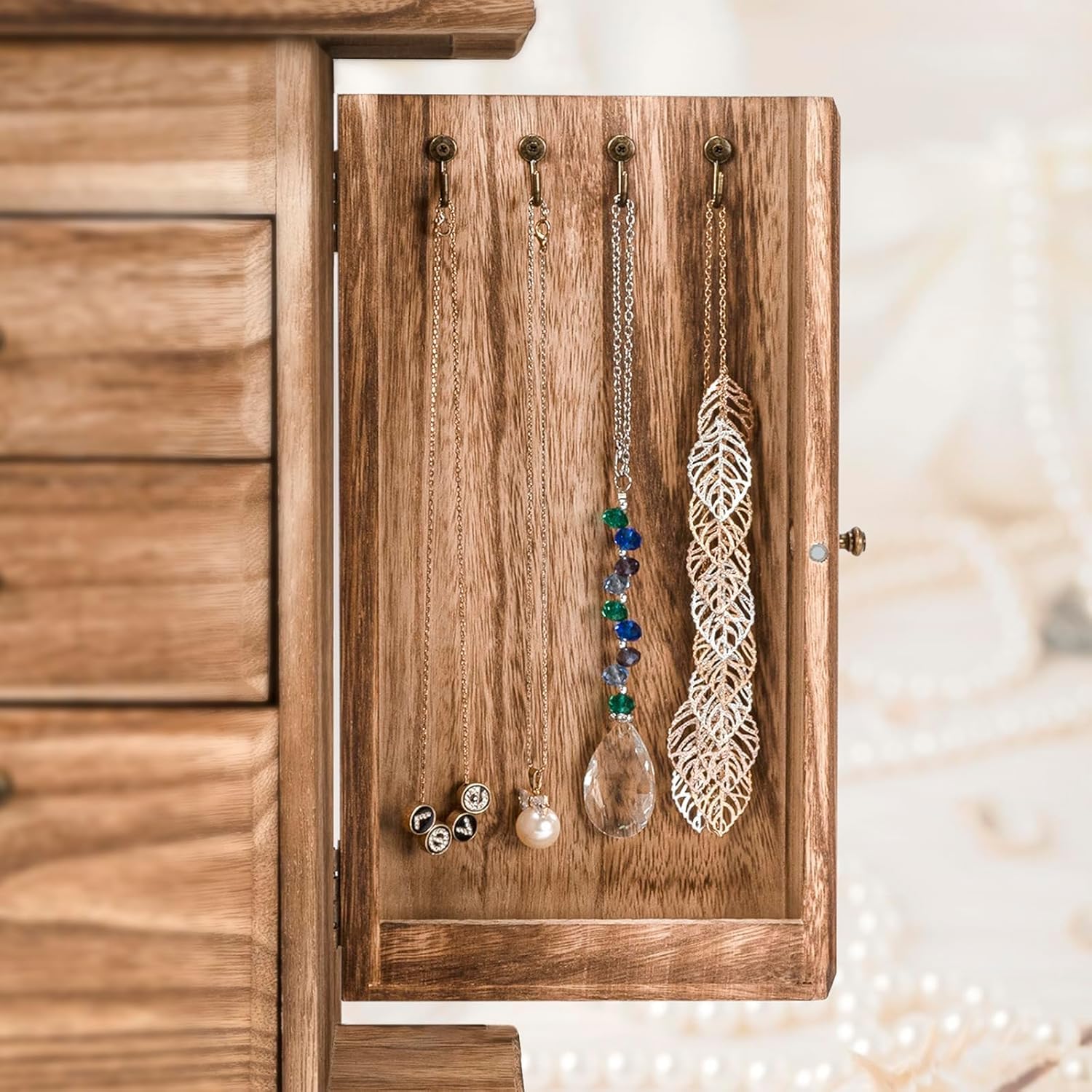 Portagioie Antico Con Serratura, Portagioie In Legno Per Donna Portagioie A 5 Strati Con Specchio Per Gioielli Collane Anelli 82209363