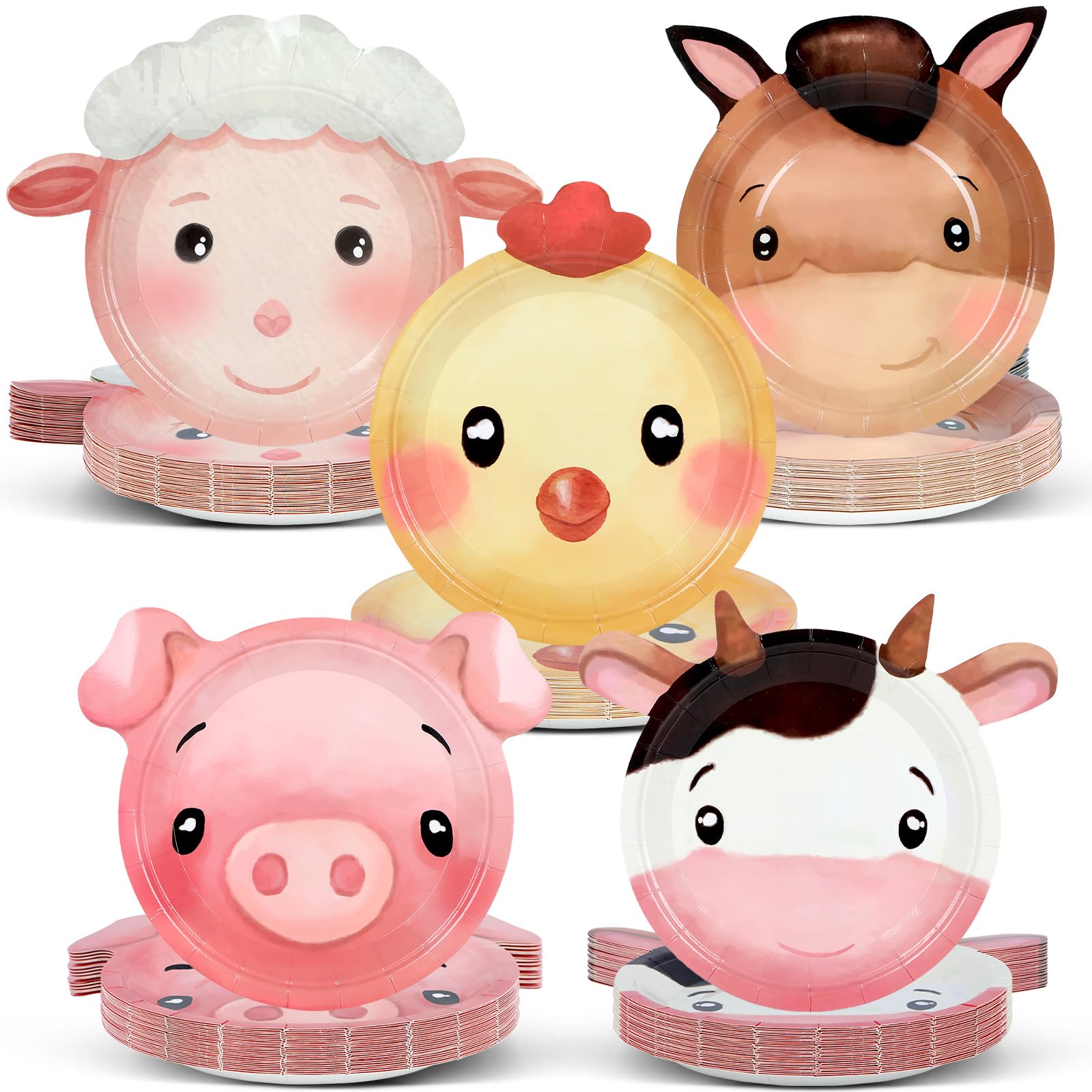 50 platos de papel desechables con forma de animales de granja, platos desechables con forma de granja, platos de cumpleaños de granja, platos de fiesta temáticos de animales de acuarela para