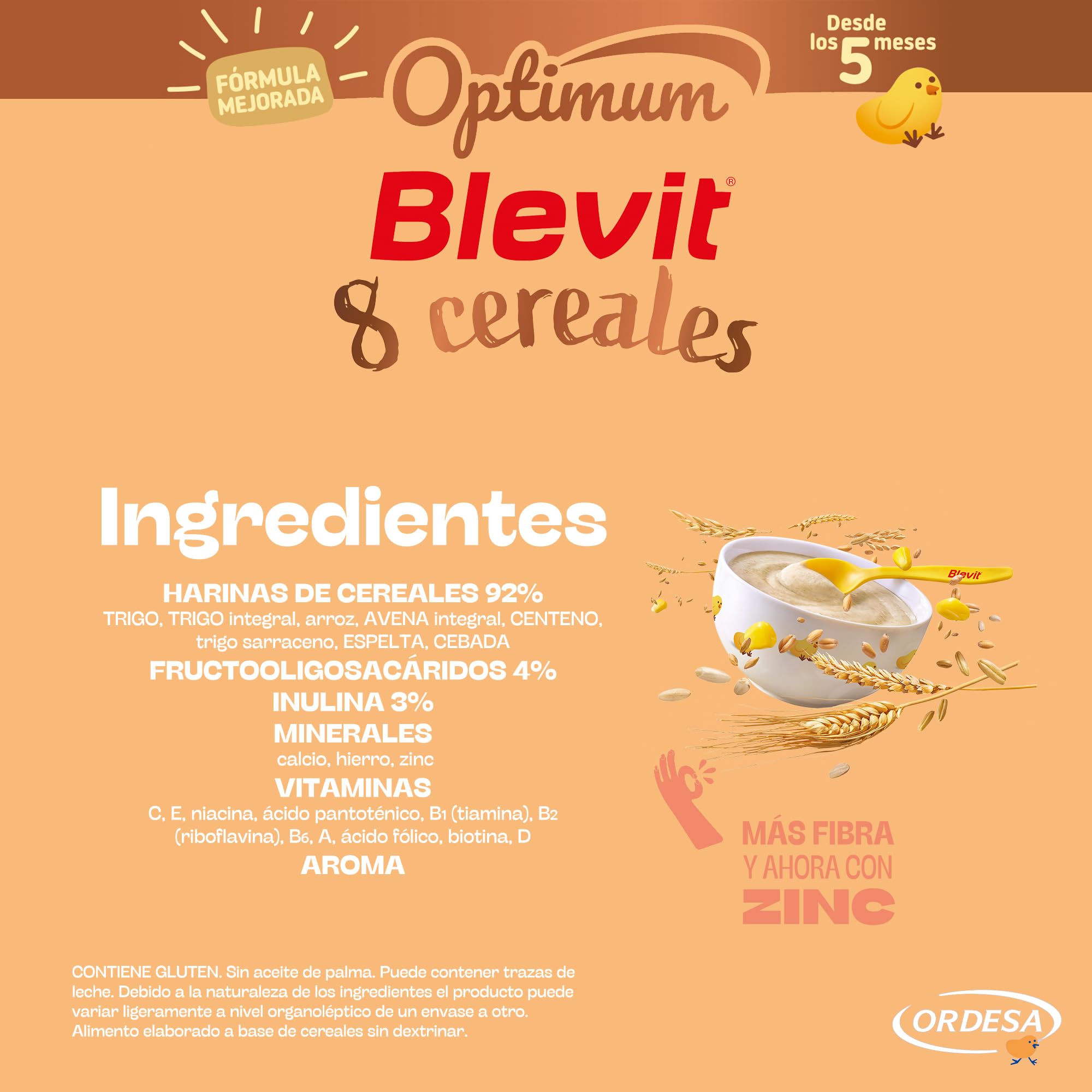 Blevit Optimum 8 Cereales 250g Papilla Bebé 5 meses 92% Cereales Vitaminas Minerales Fibra
