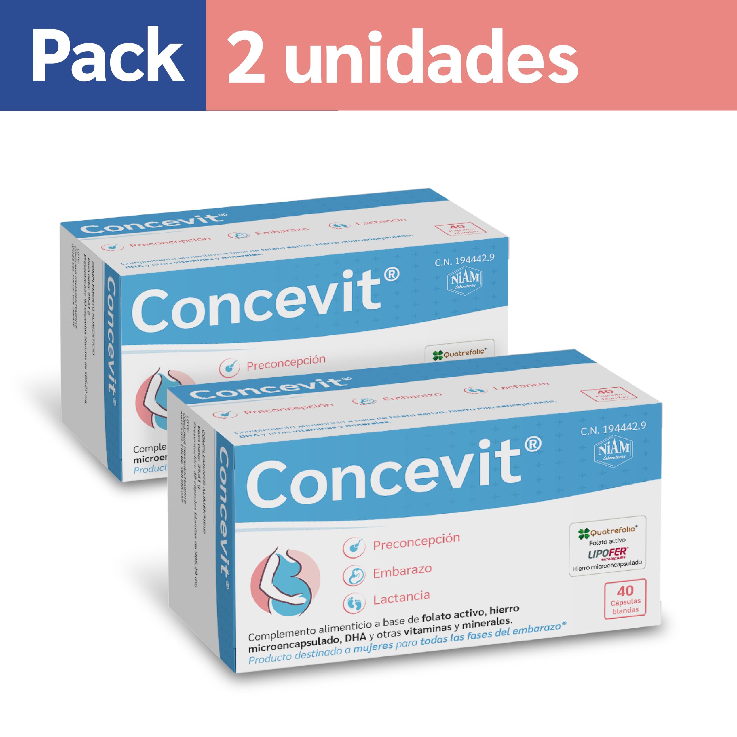 Pack 2 cajas | Vitaminas Embarazo con Ácido Fólico | Folato activo, Hierro, Omega-3 y nutrientes | Fertilidad Mujer | Pastillas Concepción, Gestación y Lactancia | Concevit