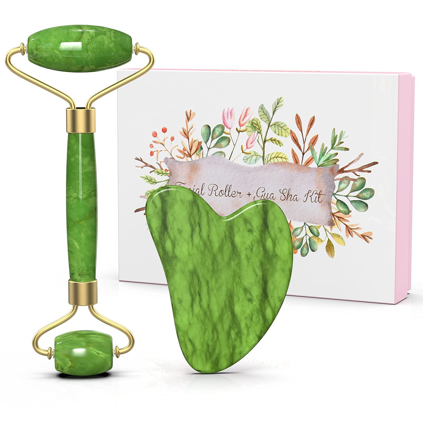 Jade Roller Gua Sha,Facial Jade Roller Gua Sha Massage Tool for Skin Care,Natural Gua Sha Stone Jade Roller for Face Eyes ...