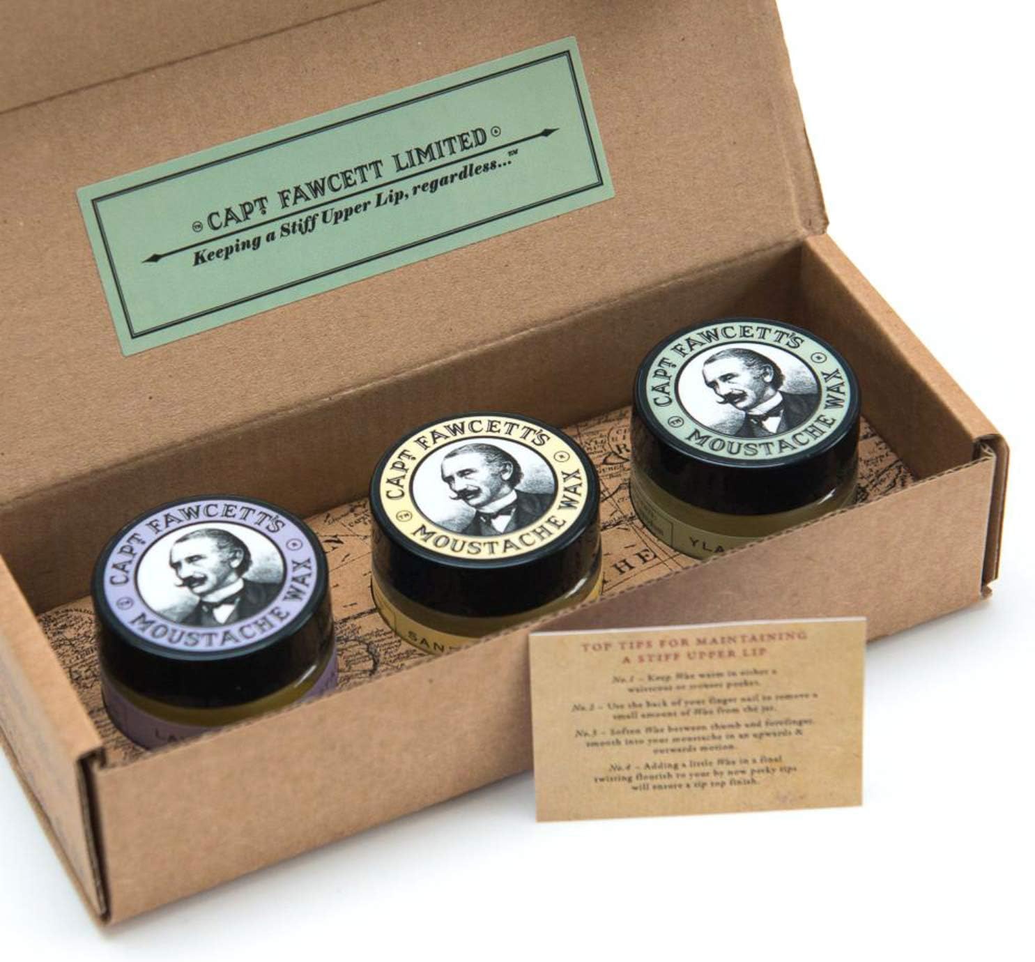 Captain Fawcett's Moustache Wax Cornucopia - 0.5oz (15ml) Jars, each of Lavender, Sandalwood & Ylang Ylang Moustache Wax