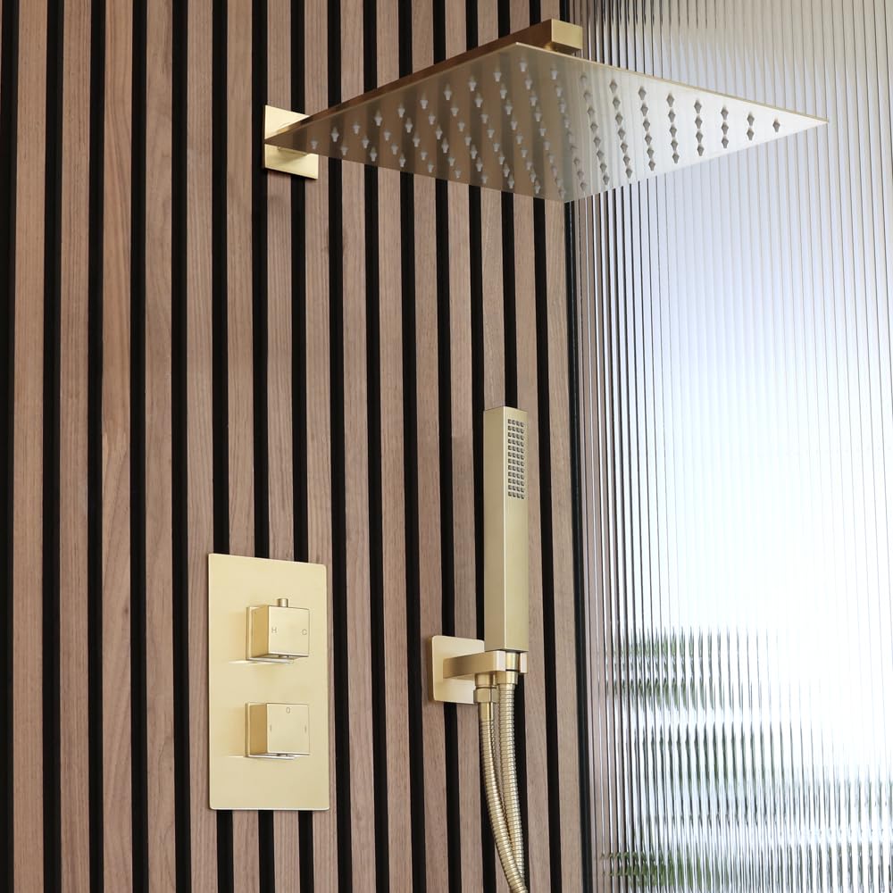 Milano Lyra Thermostatic Mixer Valve 300mm Shower Head Handset - Brushed Brass