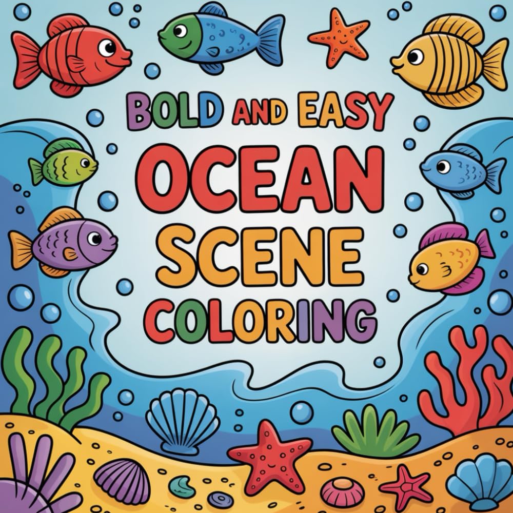 Bold And Easy Ocean Scene Coloring: A delightful ocean-themed journey offering relaxing creativity for kids and adults.