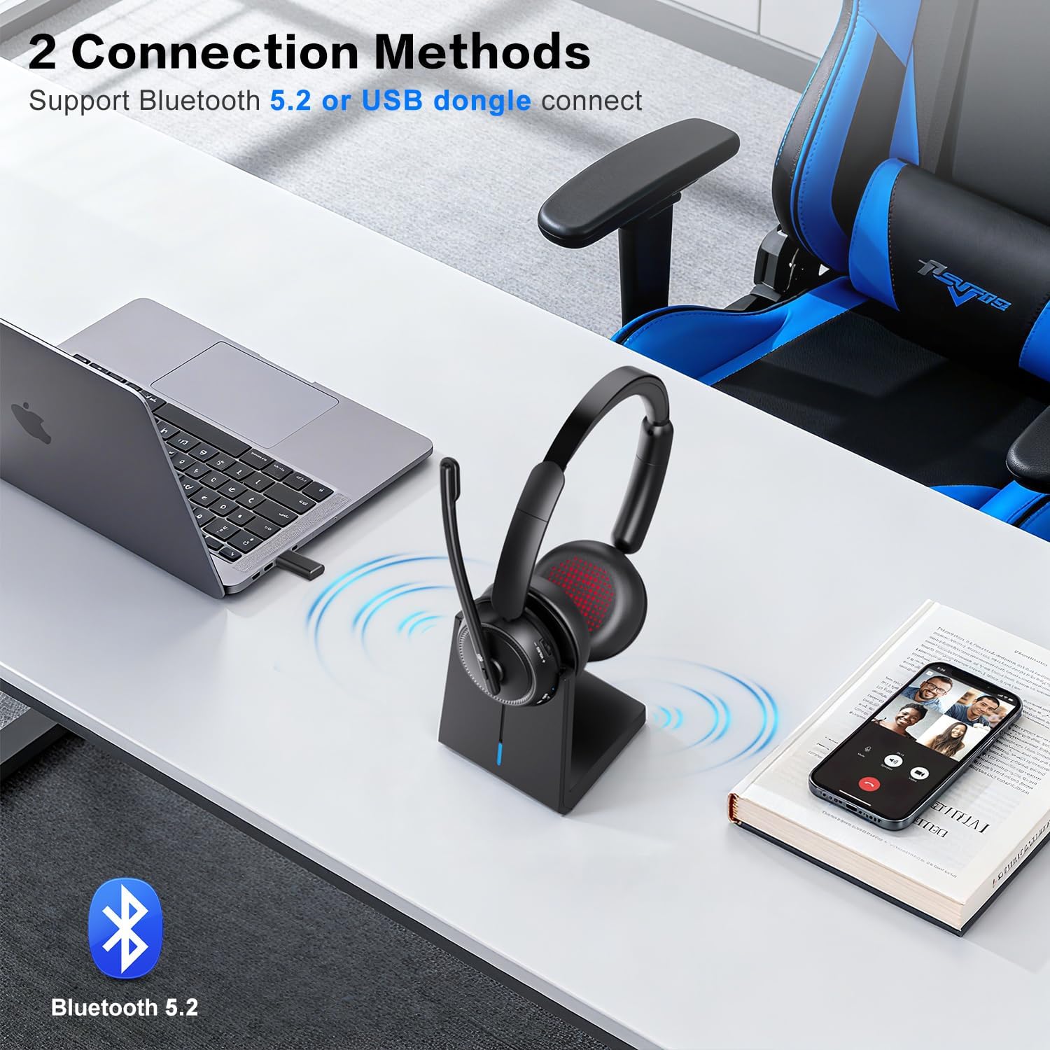 Wireless Headset with Mic for Work, Bluetooth Headphones with Microphone (Noise Cancelling & Mute Button), Wireless Headset with mic for Work/Computer/PC/Laptop/Cell Phones/Call Center/Teams/Zoom/Home