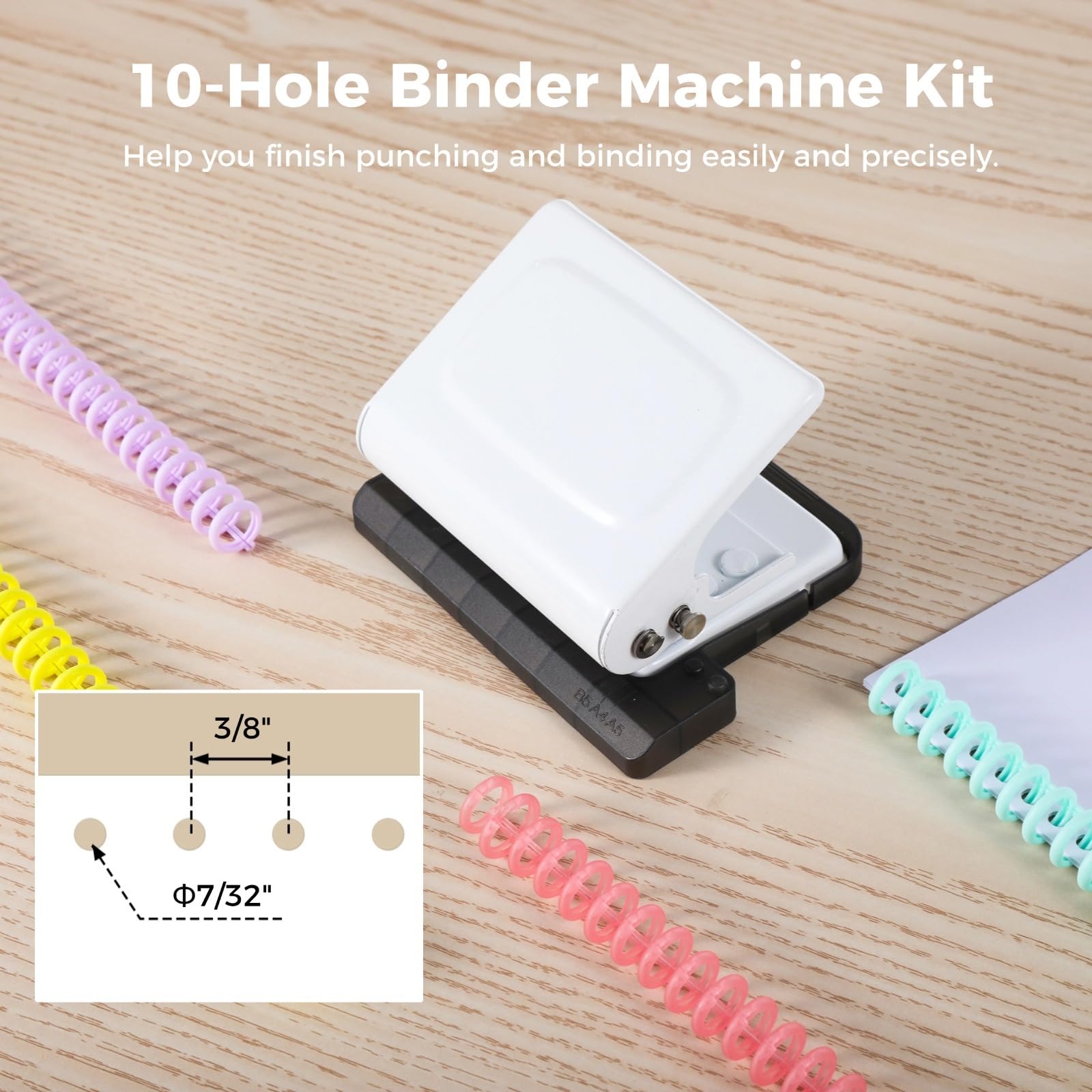 10-Hole Binder Machine Kit, Manual Binding System with 10 Pcs Loose Leaf Binding Spines & 100 Pcs Binder Rings, Binding Machine for Planner, 26 Holes on B5, 30 Holes on A4, 20 Holes on A5 (White) - Image 3