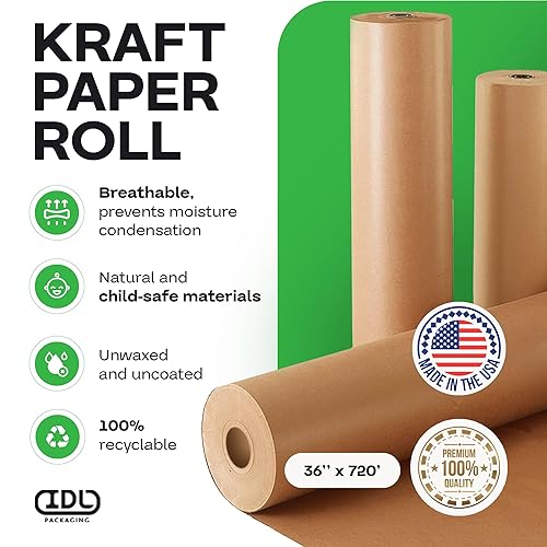 Miniatura 2 de IDL Packaging Rollo de papel kraft marrón de 36 x 720 pies (8640 pulgadas), 50 libras (paquete de 1)  Papel resistente para embalar, mudanza, envío,