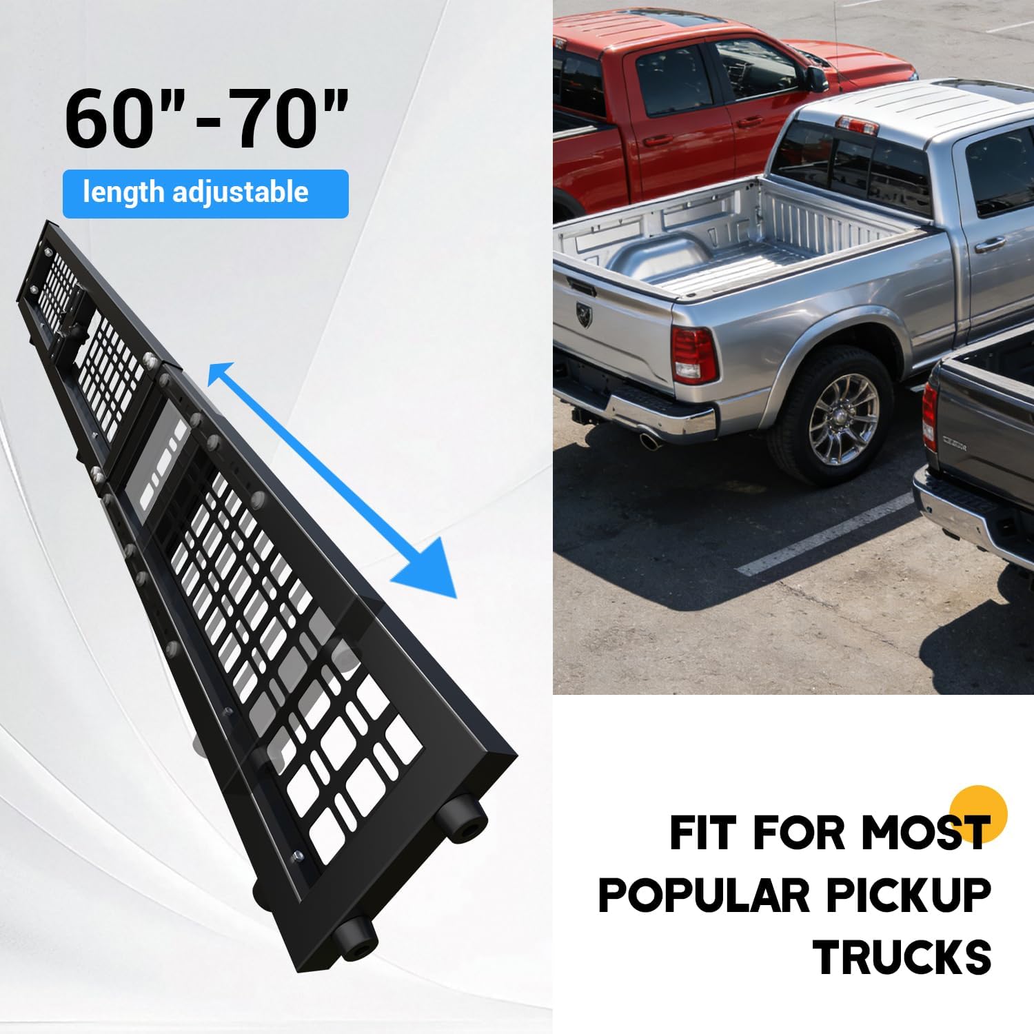 60"-70" Adjustable Truck Bed Divider for Full Size Truck, Cargo Divider for Pickup Truck Bed, MOLLE Panel, Fits Ford F150 Chevy Silverado Gmc Sierra Toyota Jeep Powder Coated Carbon Steel No Drilling