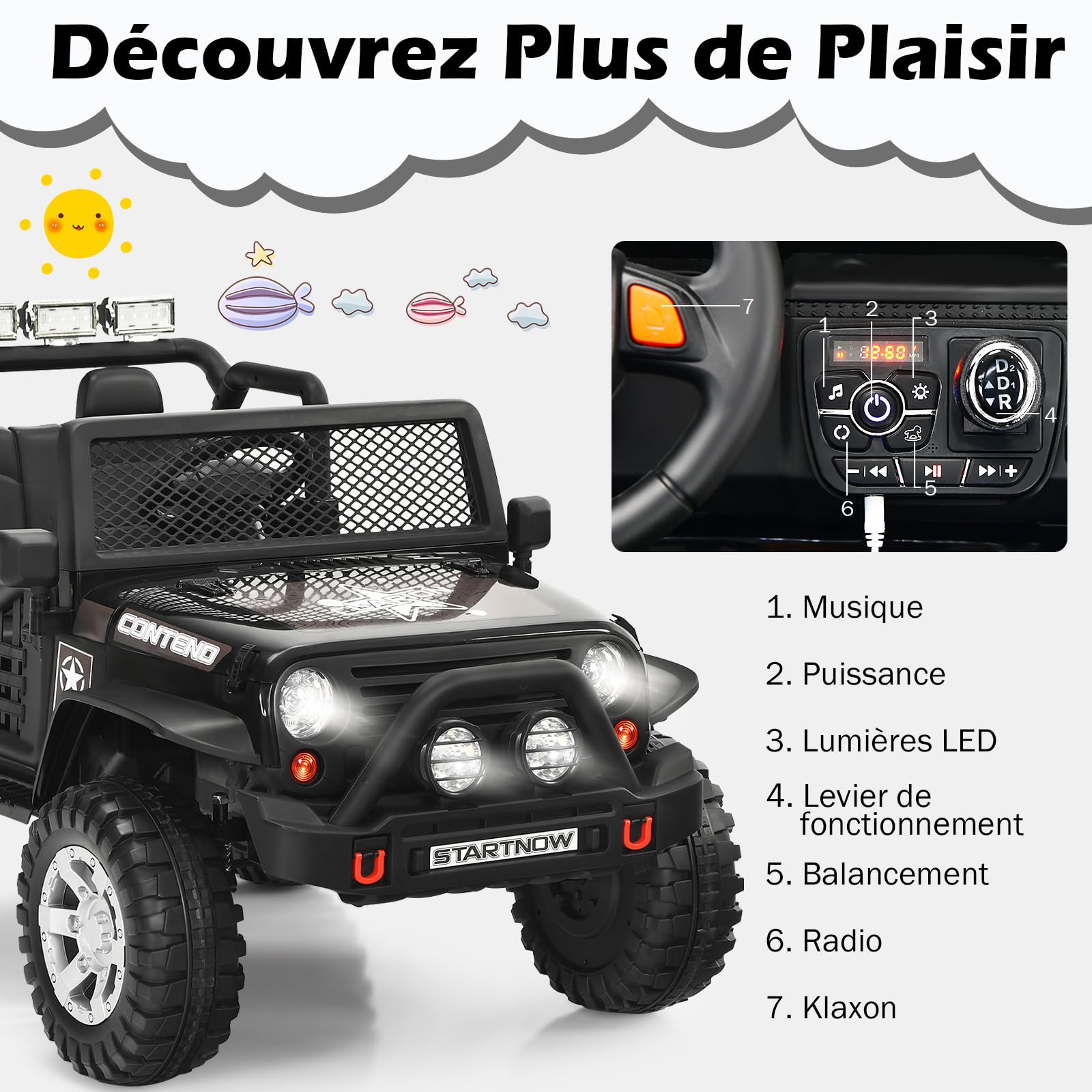 COSTWAY 12V Voiture Électrique Enfant avec Télécommande 2,4G, Véhicule Électrique avec Lumières LED & Musique & Klaxon, Démarrage Lent, 3 Vitesses, Charge 50kg pour Enfant de 3 Ans+ (Noir)
