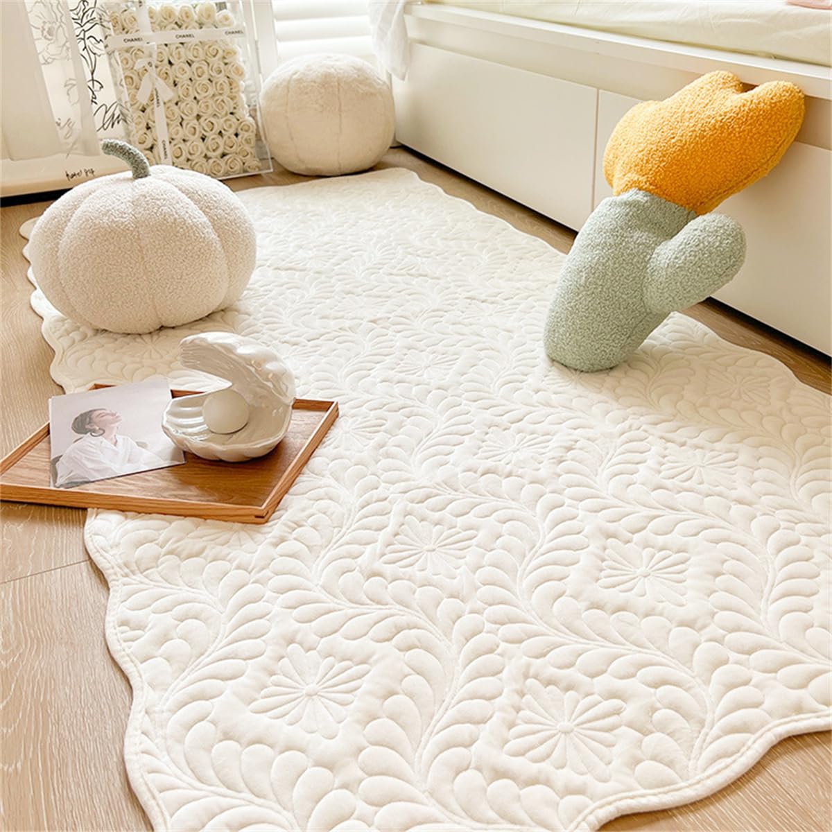 Quilting Soft Rectangle Bedside Mat for Bedroom Living Room Antiskid Camping Mat Bohemian 110 * 210CM Bedside Area Rug Doormat(White)