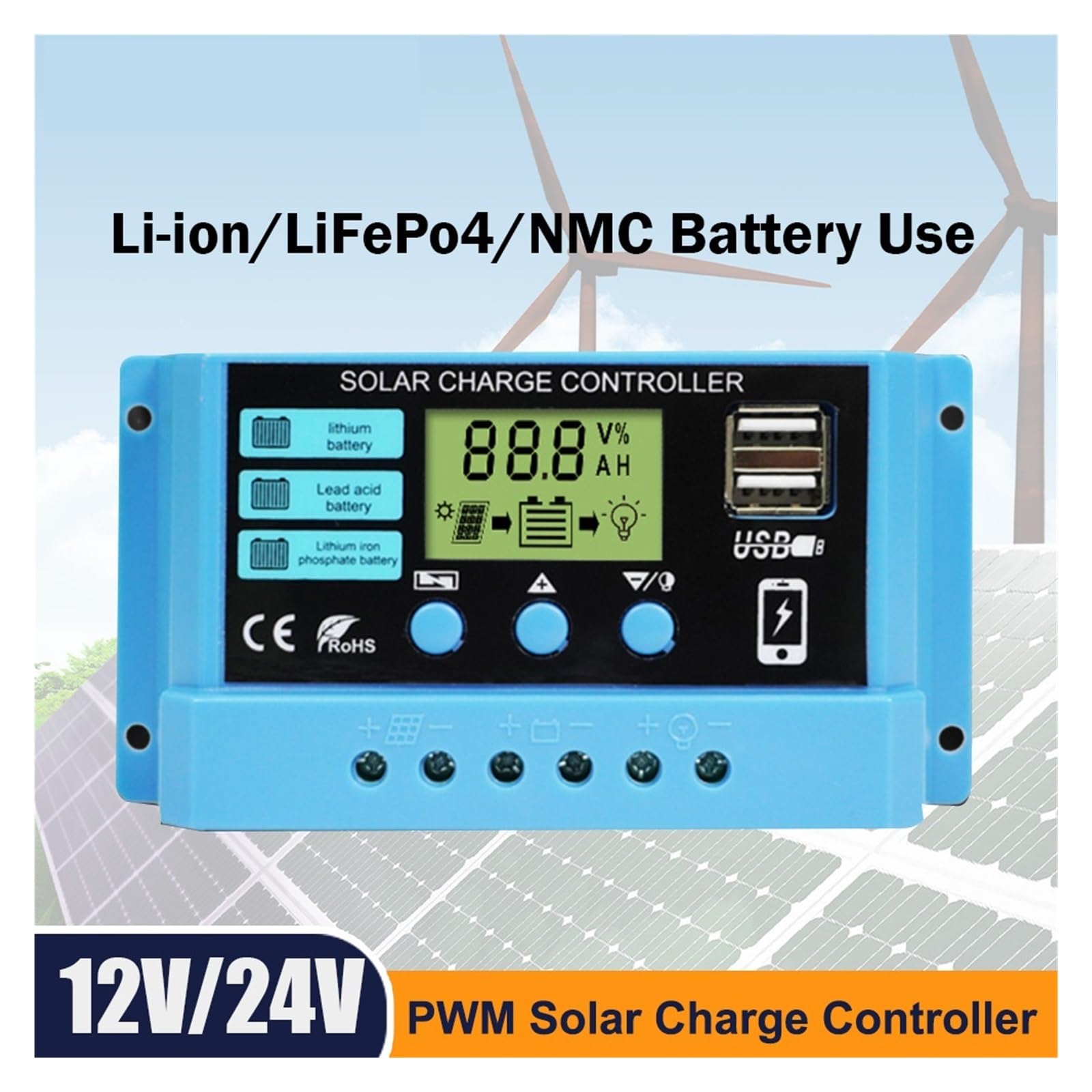 Kontroler ładowania słonecznego 30A Regulator Ładowania Słonecznego Akumulator 12V/24V Regulowany Panel Słoneczny Akumulatora Z Portem USB(30A)