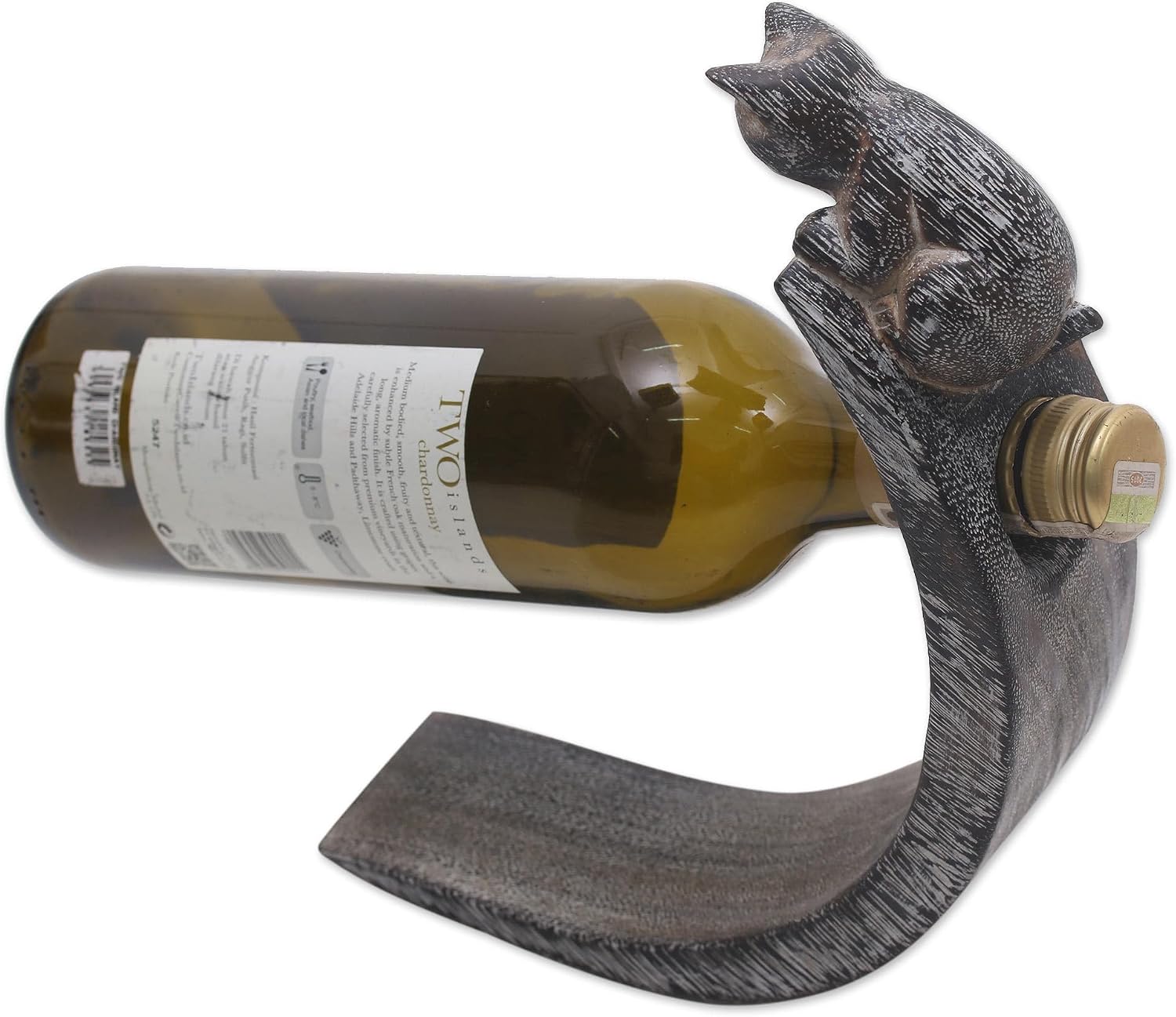 NOVICA Artisan Handcrafted Wood Bottle Holder Suar Cat in Black White Indonesia Tableware Barware Wine Holders Animal Themed 'Peeking Kitten'