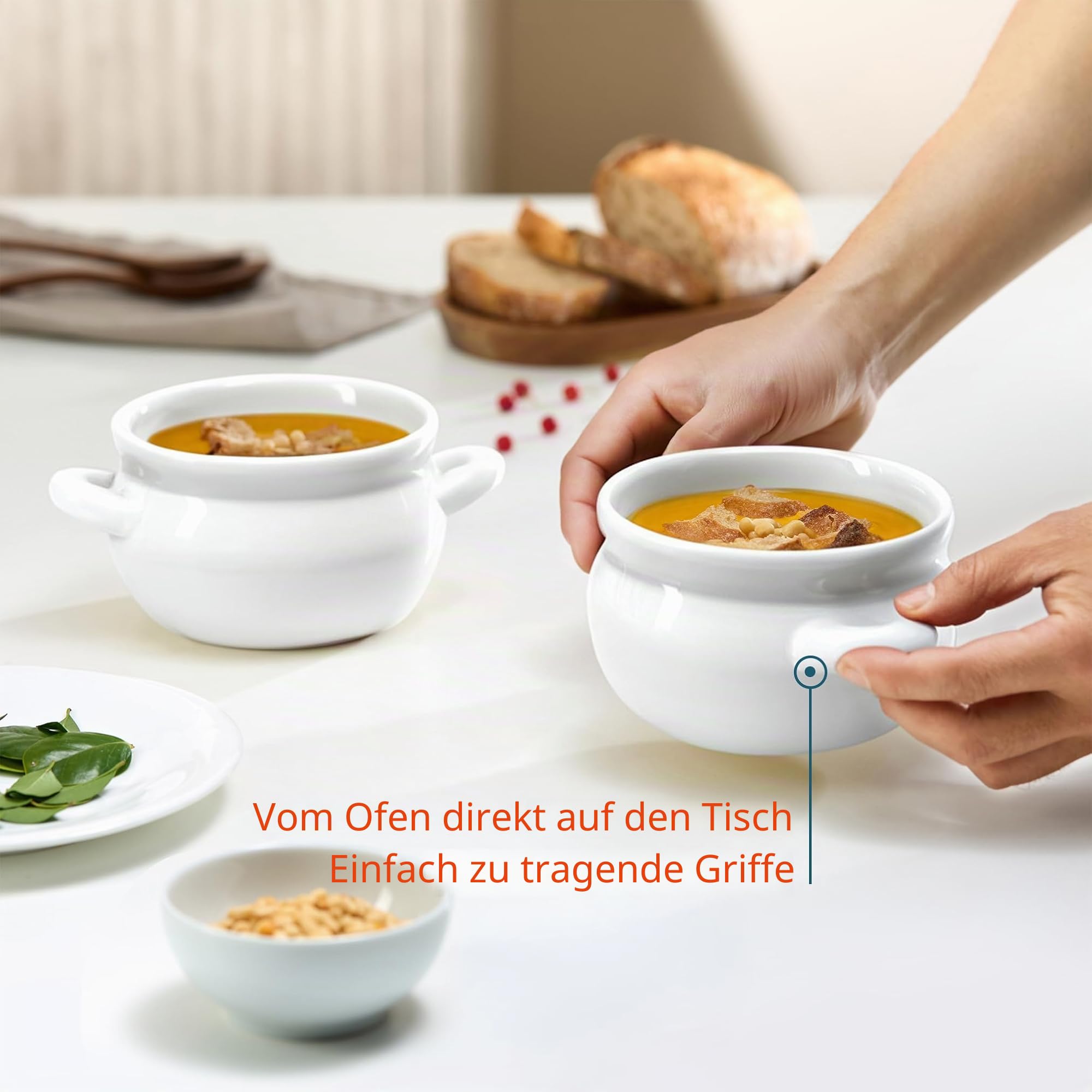 KooK Französische Zwiebelsuppentöpfe mit Griffen, Keramik, spülmaschinen-, mikrowellen-, ofen- und bratfest, Weiß, 4 Stück, 530 ml