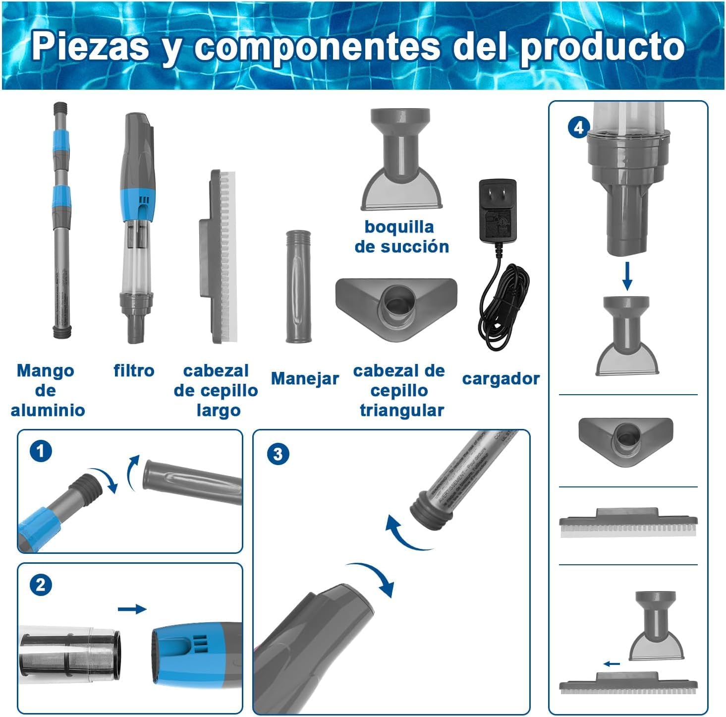 3 en 1 Limpiafondos de Piscina Electrico, Aspirador de Piscina Manual, Inalámbrico con Batería Recargable para Spas, Piscinas Pequeñas - Tiempo de Ejecución 90 Minutos, Gris