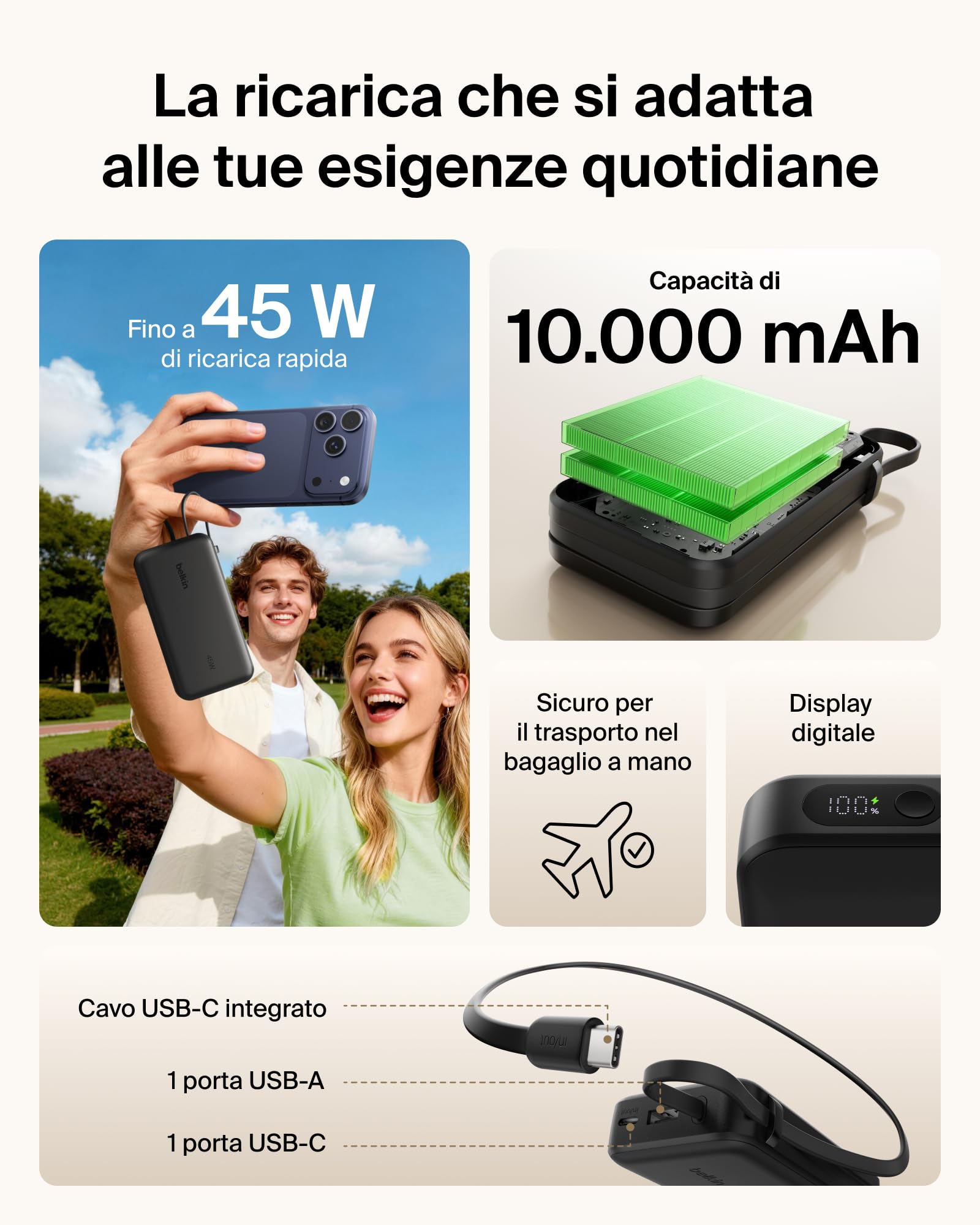 Belkin UltraCharge Power Bank 10000mAh con Cavo USB-C e Display - Nero | Caricatore Portatile 10000mAh, Ricarica 3 dispositivi (1 USB-C, Cavo USB-C Integrato, 1 USB-A), 45W, Pre-Caricato, Display