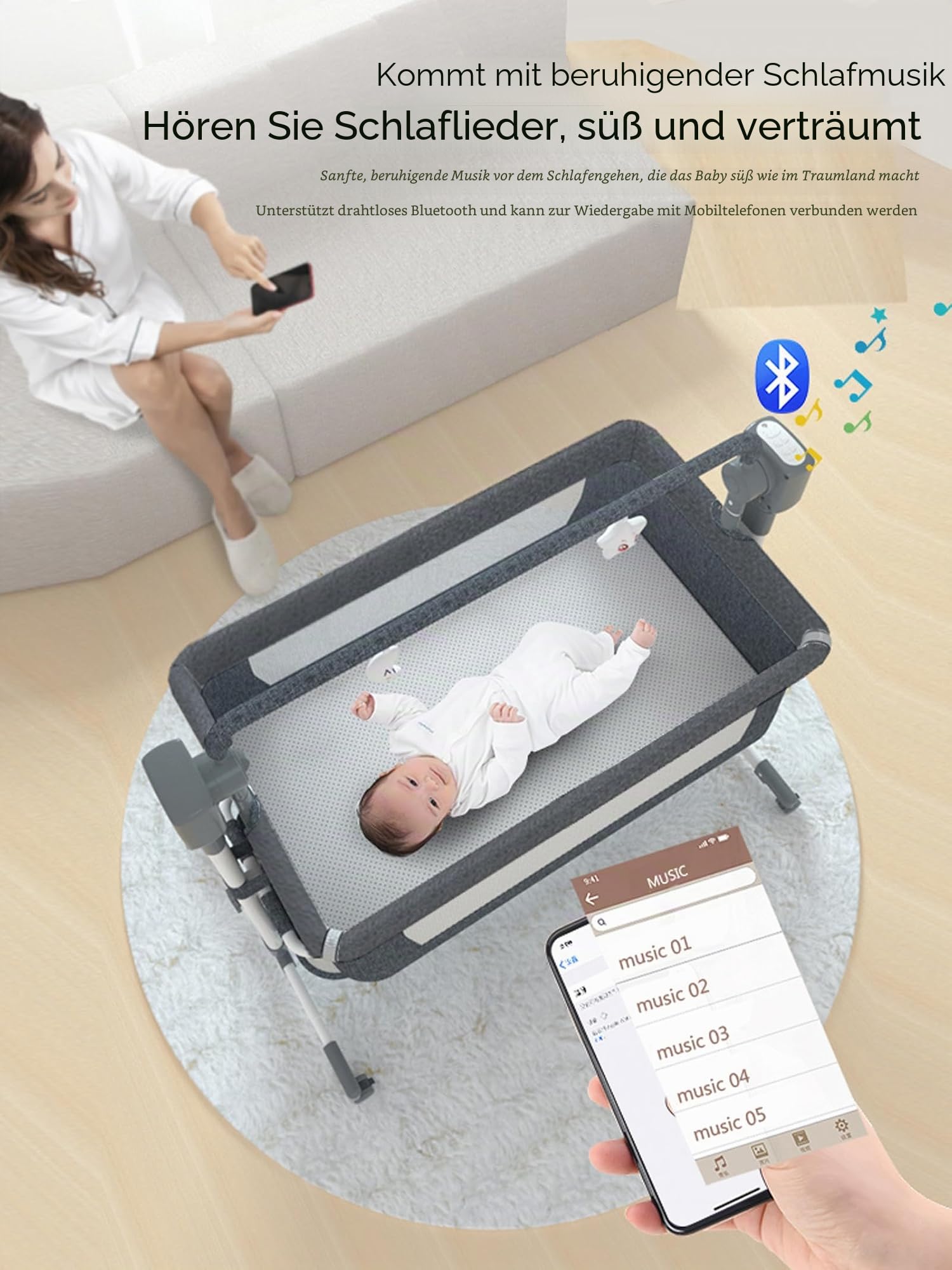 Magic ZC Beistellbetten Baby Bettchen Baby Bassinet Säugling Bettchen Schläfer Convertible Multifunktionale Portable Baby Swing Cradle mit Bluetooth Musik 5 Swaying Gears Remote Control (Khaki-1)