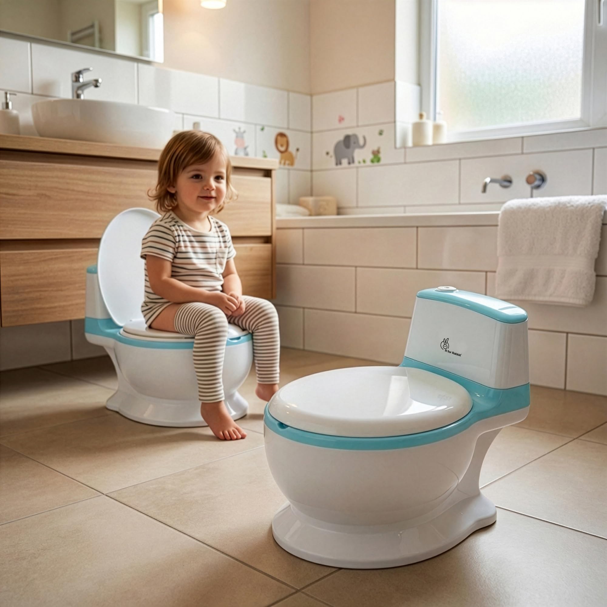 R for Rabbit Little GrownUp Tunes Baby Potty Training Seat with Music, Soft Cushion & Ergonomic Backrest Tissue Storage for Kids | Toilet Seat Weight Up to 50 kg, 1 to 7 Years (Blue White)