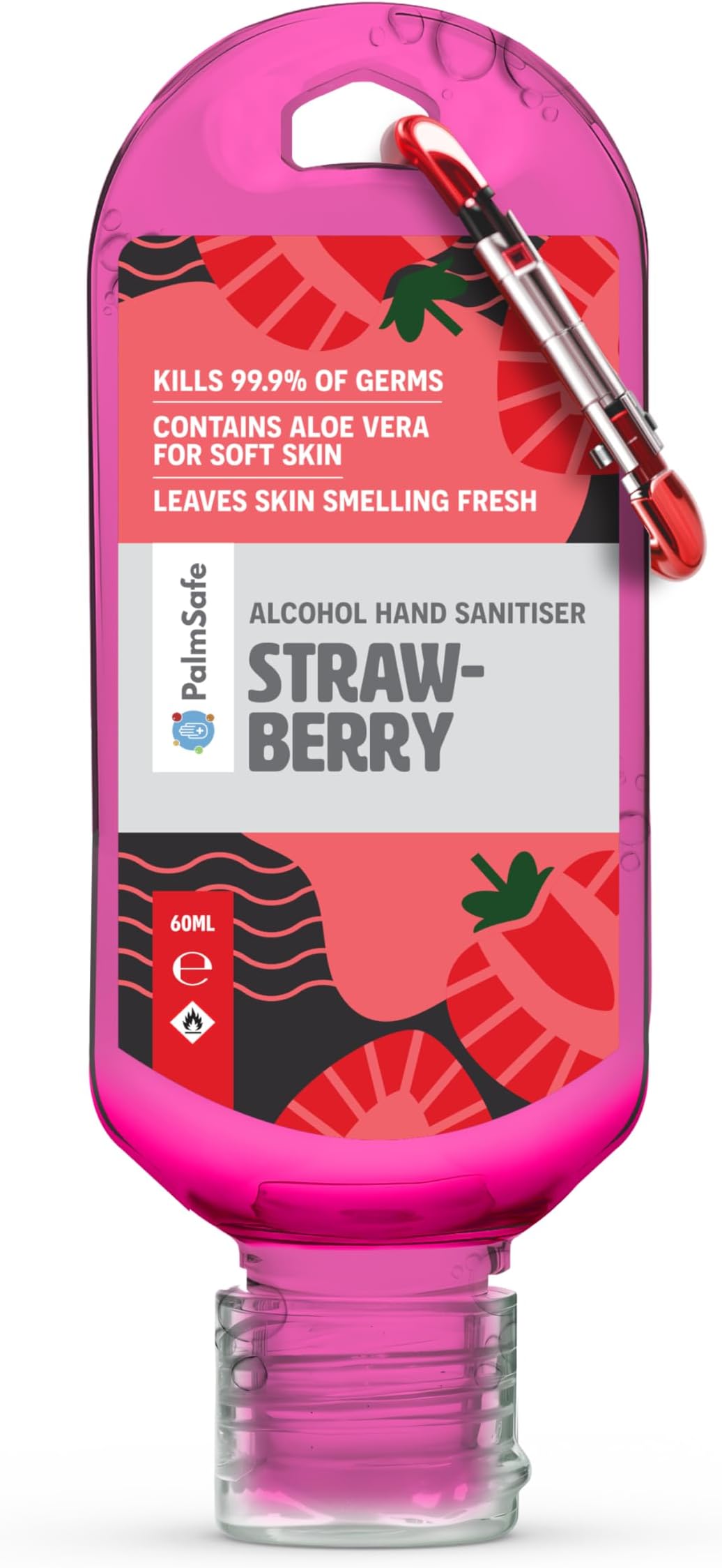 Strawberry 60ml Anti Bacterial Premium Hand Sanitiser Travel Size Refillable Clip Bottle Quick Drying Non Sticky Extra Moisturising Kills 99.9% of Viruses and Bacteria