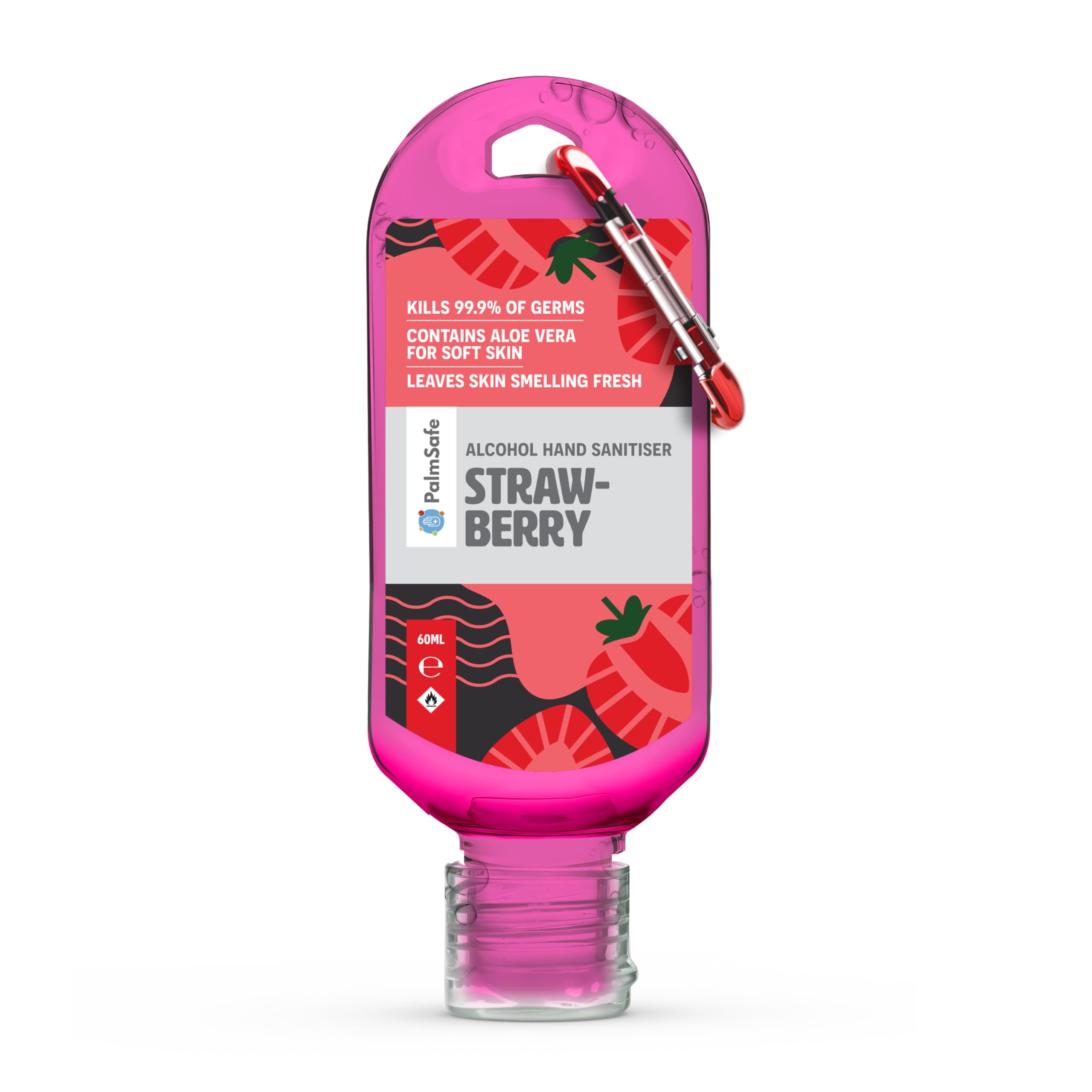 Palm Safe Strawberry 60ml Anti Bacterial Premium Hand Sanitiser Travel Size Refillable Clip Bottle Quick Drying Non Sticky Extra Moisturising Kills 99.9% of Viruses and Bacteria