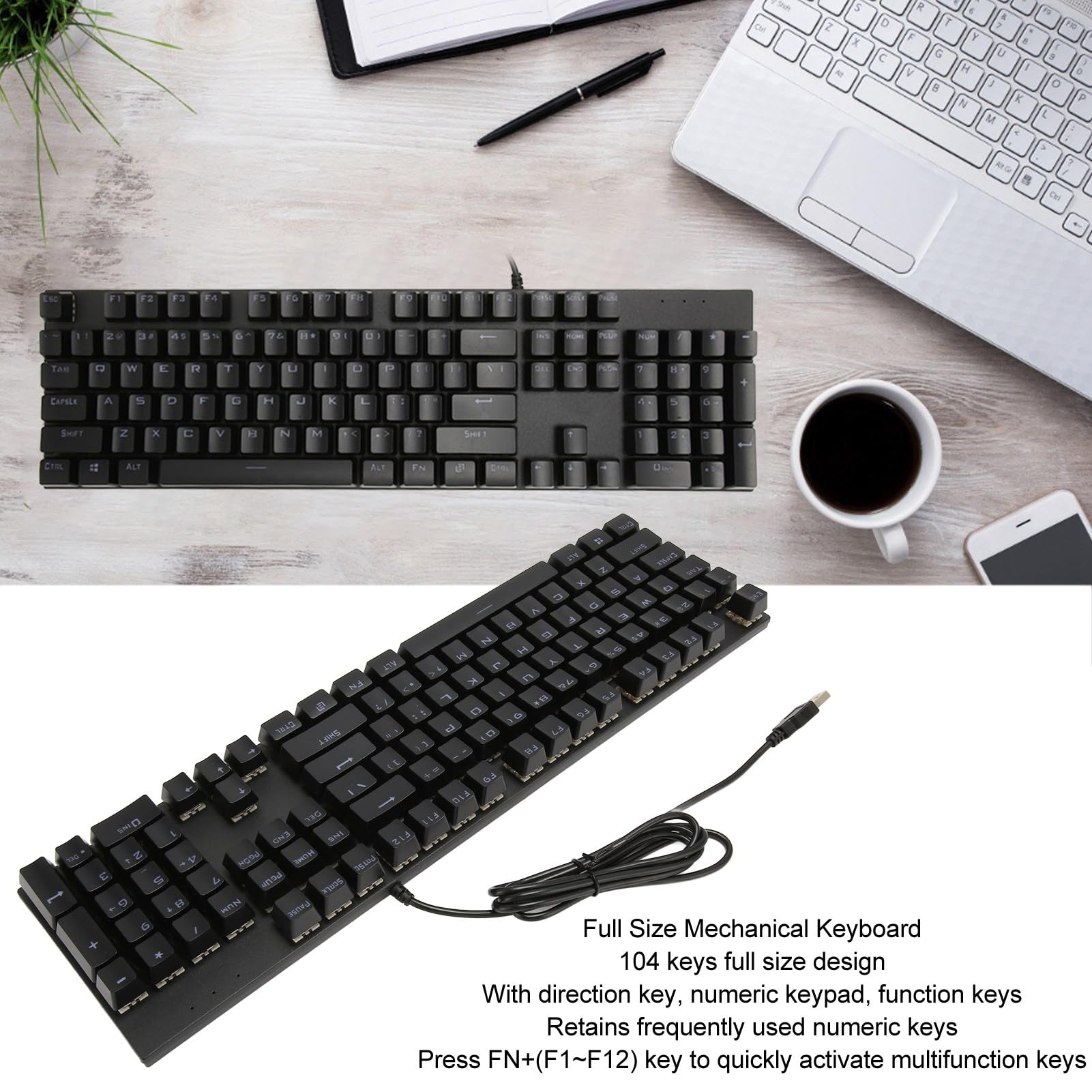 104 klawisze Pełnowymiarowa przewodowa klawiatura mechaniczna, przewodowa klawiatura do gier USB z klawiaturą numeryczną Czerwony przełącznik dla W INDOWS, dla graczy (,)
