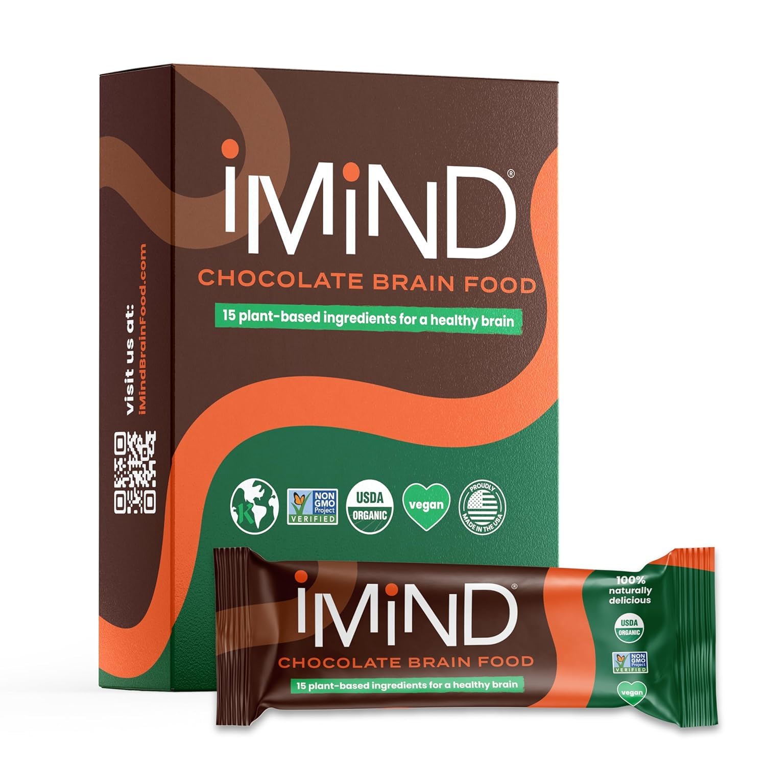 iMind Brain Food Bars - Organic Vegan Healthy Fruit Snack Bars for Adults & Kids with Bacopa, Lutein, Omega 3-6, Choline - Non-GMO Superfood Energy Bar with Nuts, Seeds & Berries - Chocolate Nut Flavor - 12 Pack