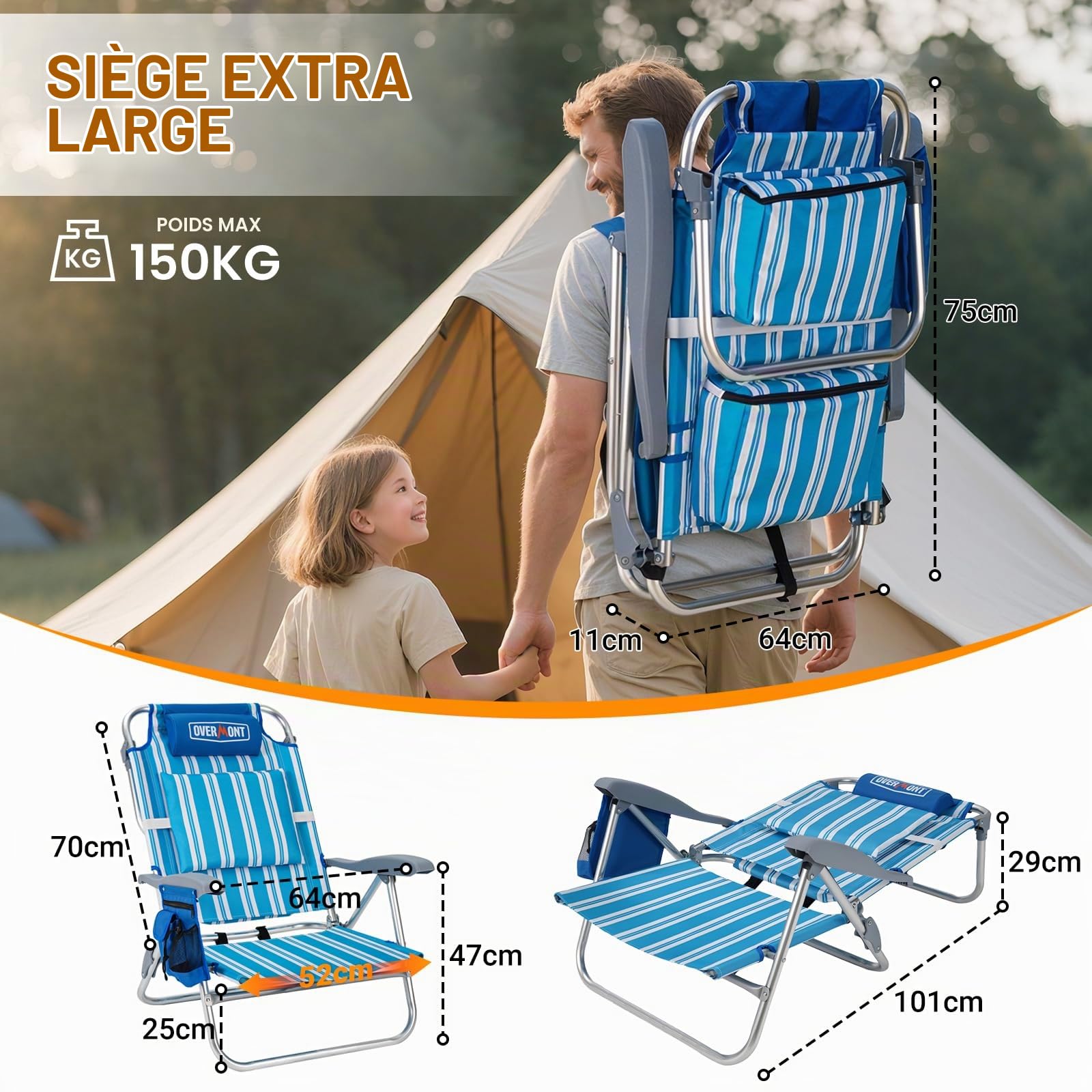 OVERMONT Chaise de Plage Basse Pliante, 6 Positions Jusqu’à 180°, Bleu | Supporte jusqu’à 150 kg; sac isotherme, porte-serviette et porte-gobelet; coussin lombaire et accoudoirs; pour camping